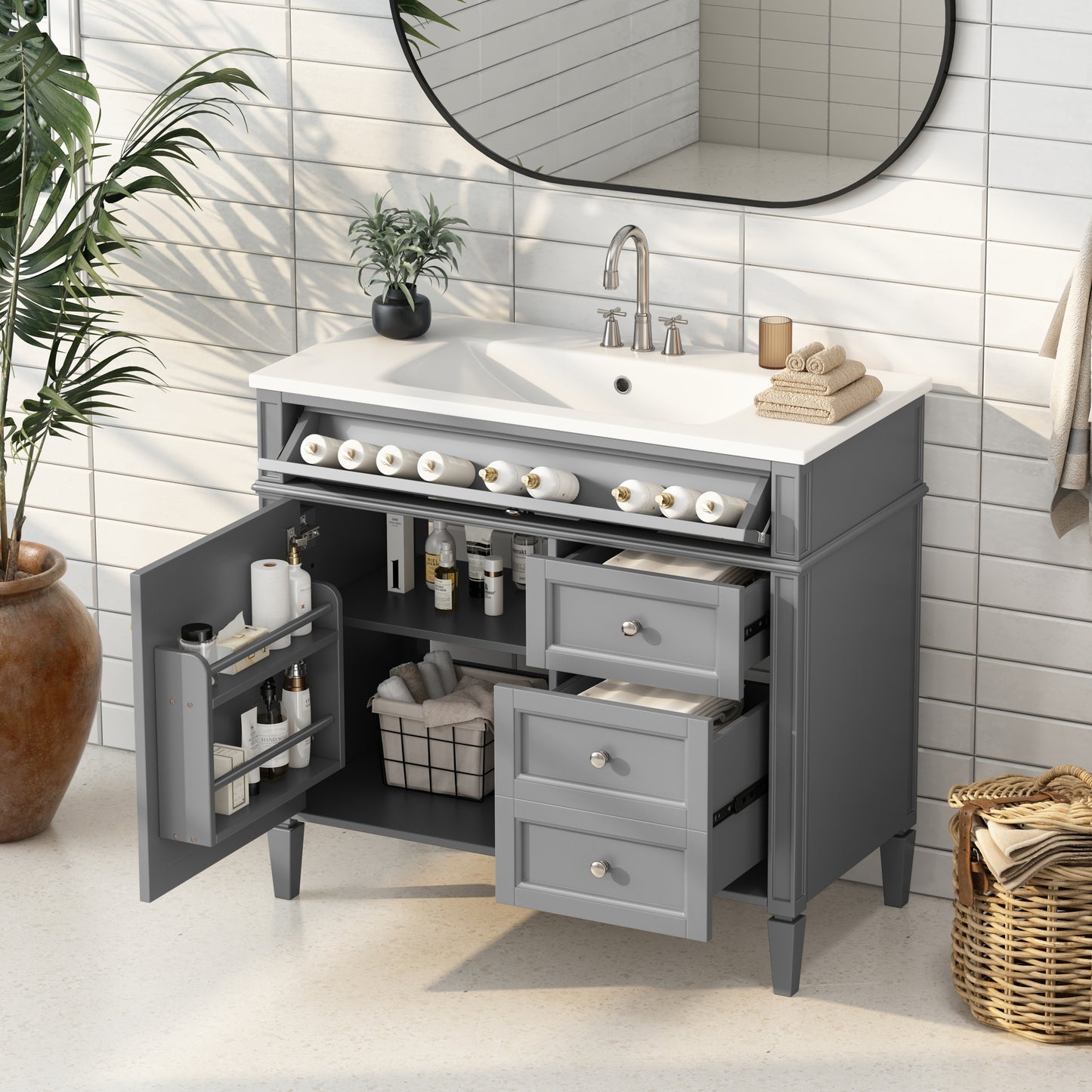 VanityFus 36-in Gray Bathroom Vanity Single Sink Combo with Resin Top Undermount 1 Soft Close Door 3 Drawers