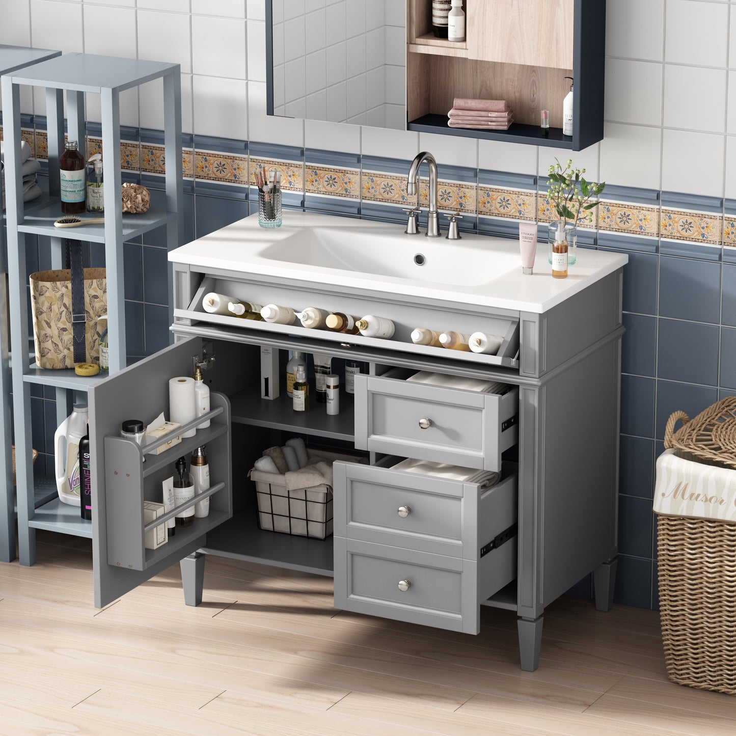 VanityFus 36-in Gray Bathroom Vanity Single Sink Combo with Resin Top Undermount 1 Soft Close Door 3 Drawers