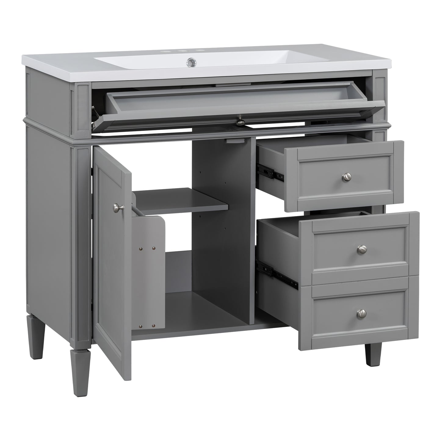 VanityFus 36-in Gray Bathroom Vanity Single Sink Combo with Resin Top Undermount 1 Soft Close Door 3 Drawers