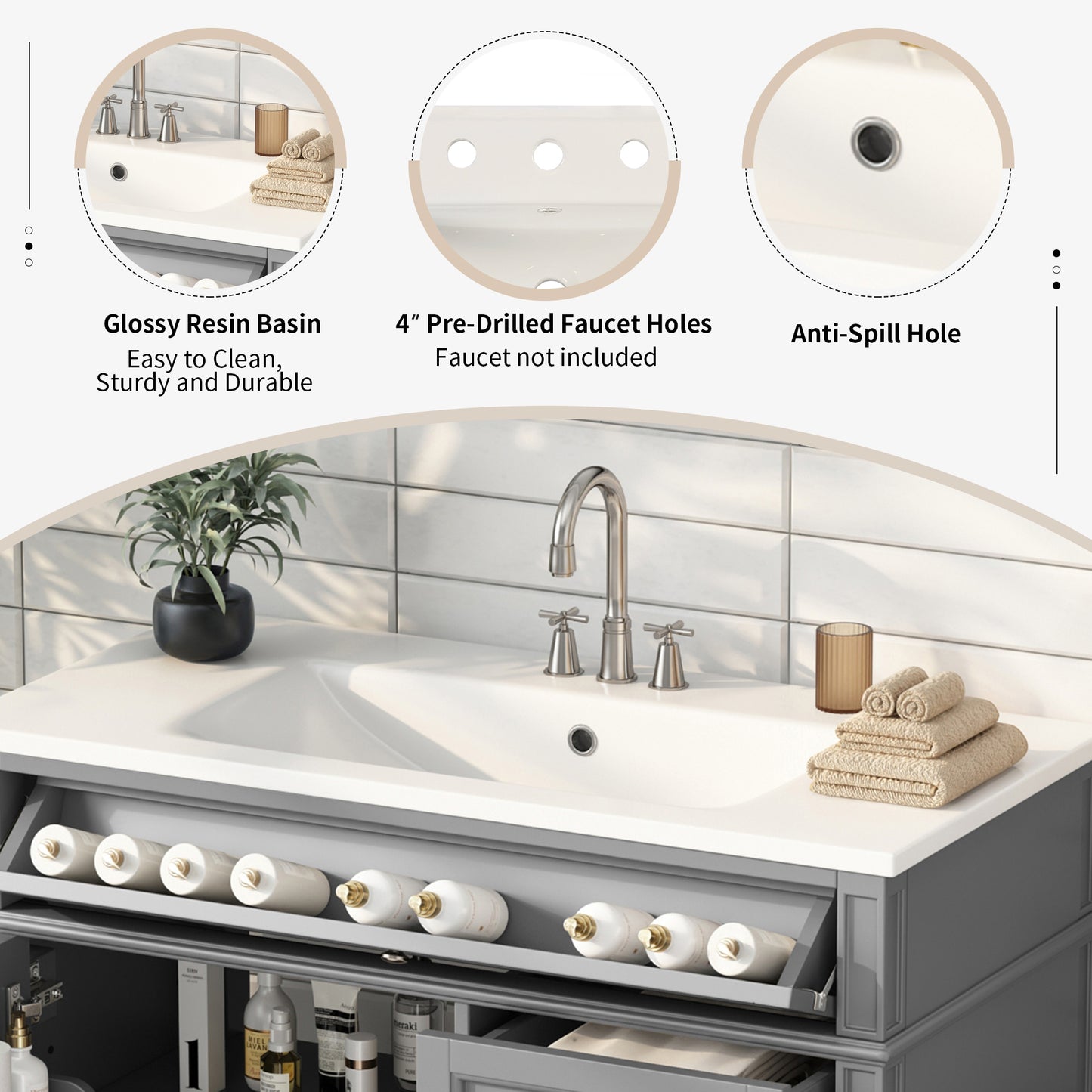 VanityFus 36-in Gray Bathroom Vanity Single Sink Combo with Resin Top Undermount 1 Soft Close Door 3 Drawers