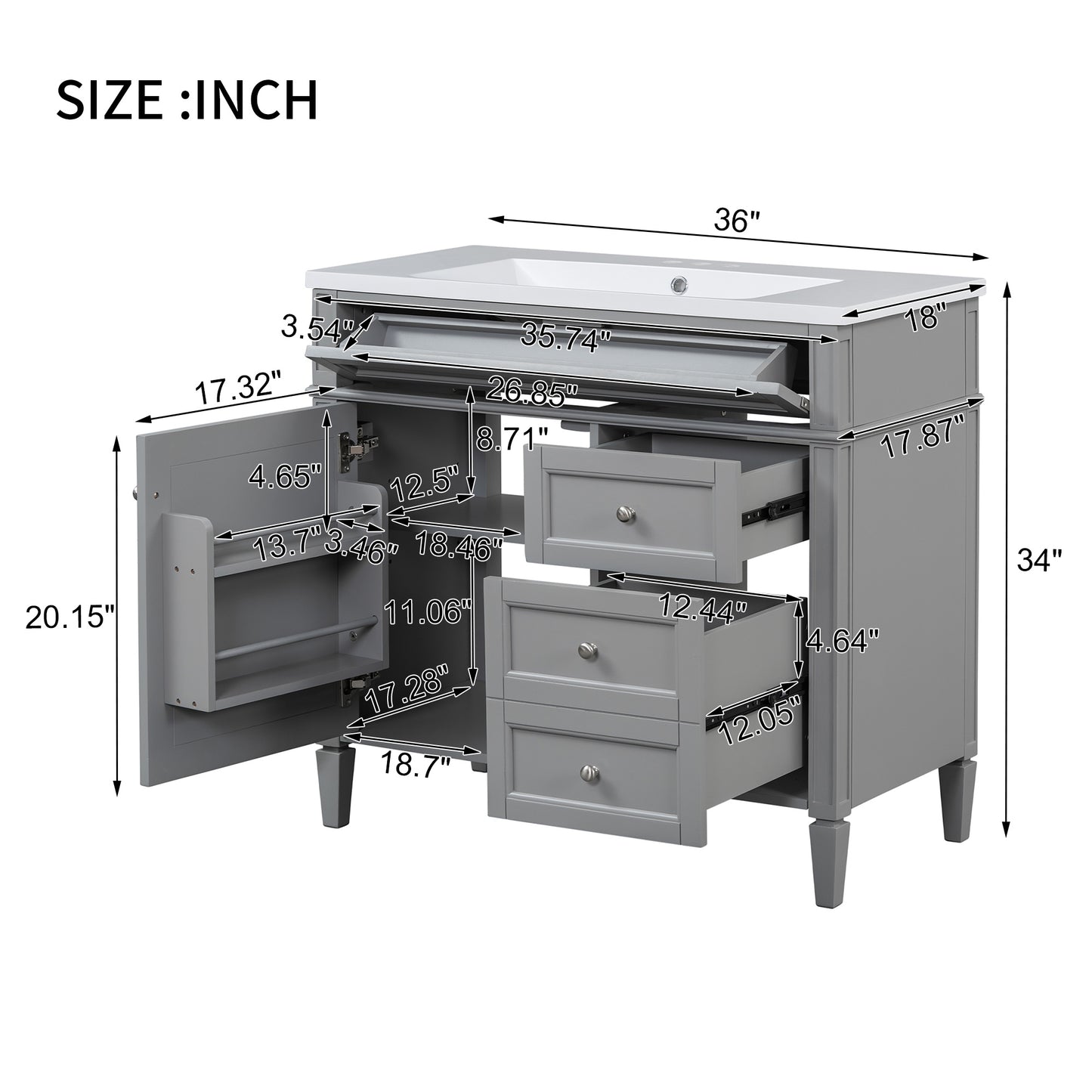 VanityFus 36-in Gray Bathroom Vanity Single Sink Combo with Resin Top Undermount 1 Soft Close Door 3 Drawers