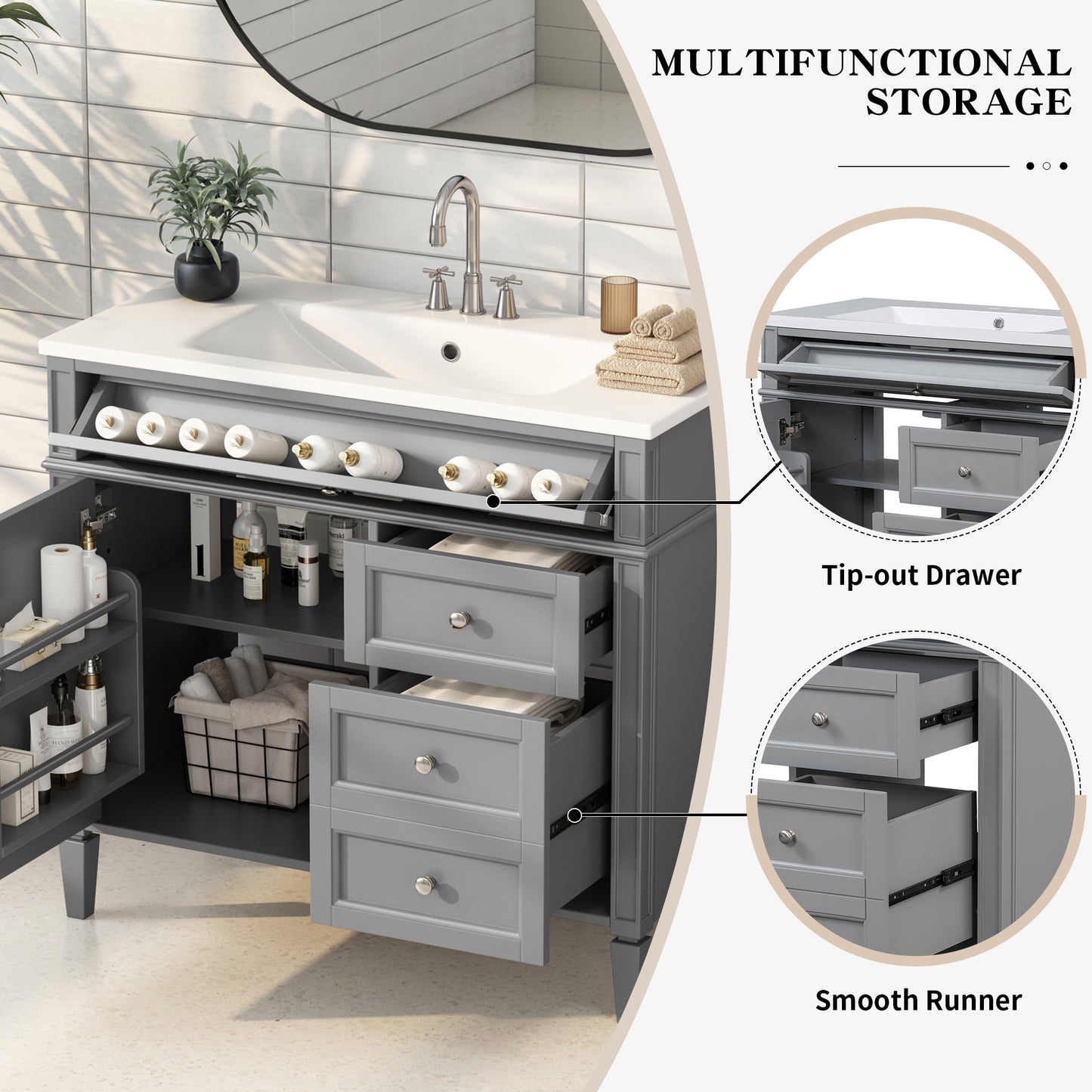 VanityFus 36-in Gray Bathroom Vanity Single Sink Combo with Resin Top Undermount 1 Soft Close Door 3 Drawers