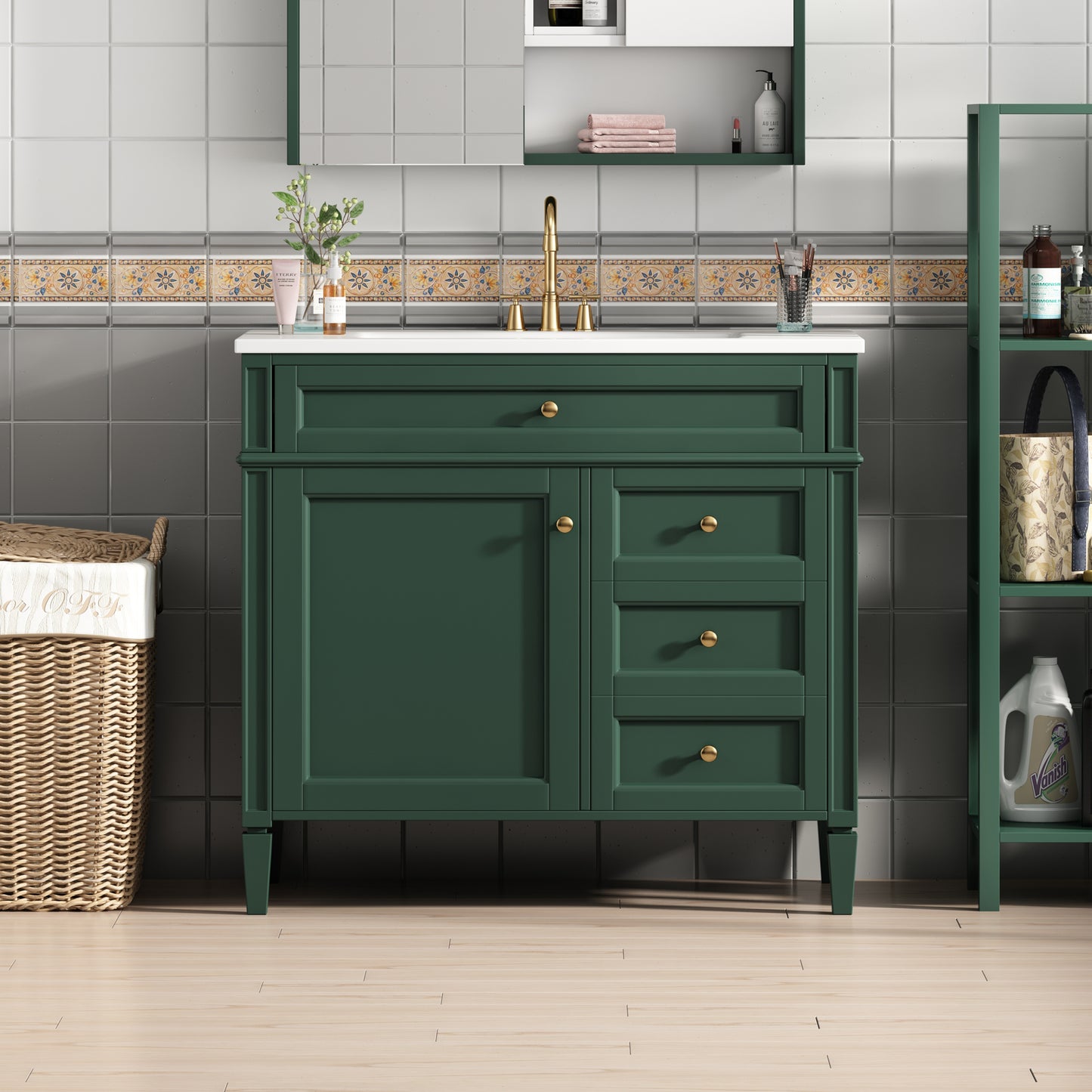 VanityFus 36-in Green Bathroom Vanity Single Sink Combo with Resin Top Undermount 1 Soft Close Door 3 Drawers Adjustable Shelves