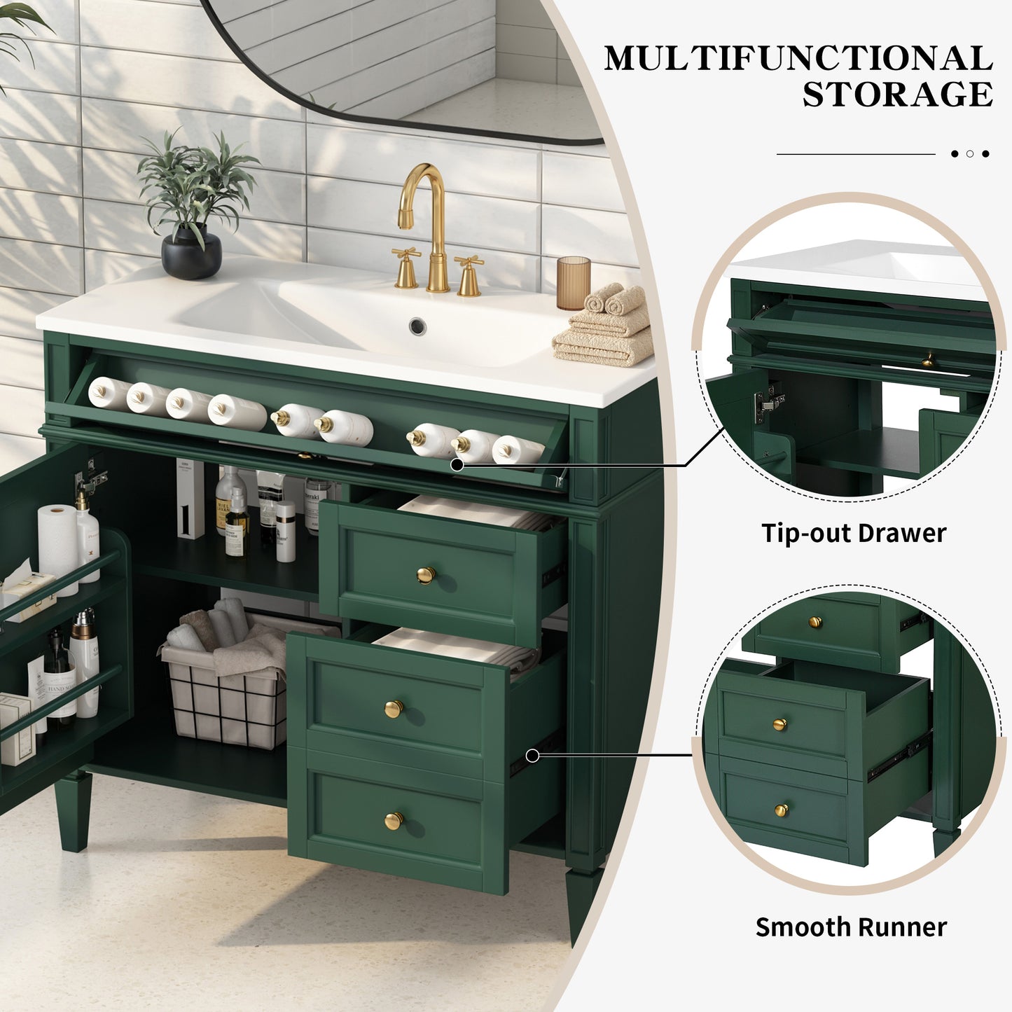 VanityFus 36-in Green Bathroom Vanity Single Sink Combo with Resin Top Undermount 1 Soft Close Door 3 Drawers Adjustable Shelves