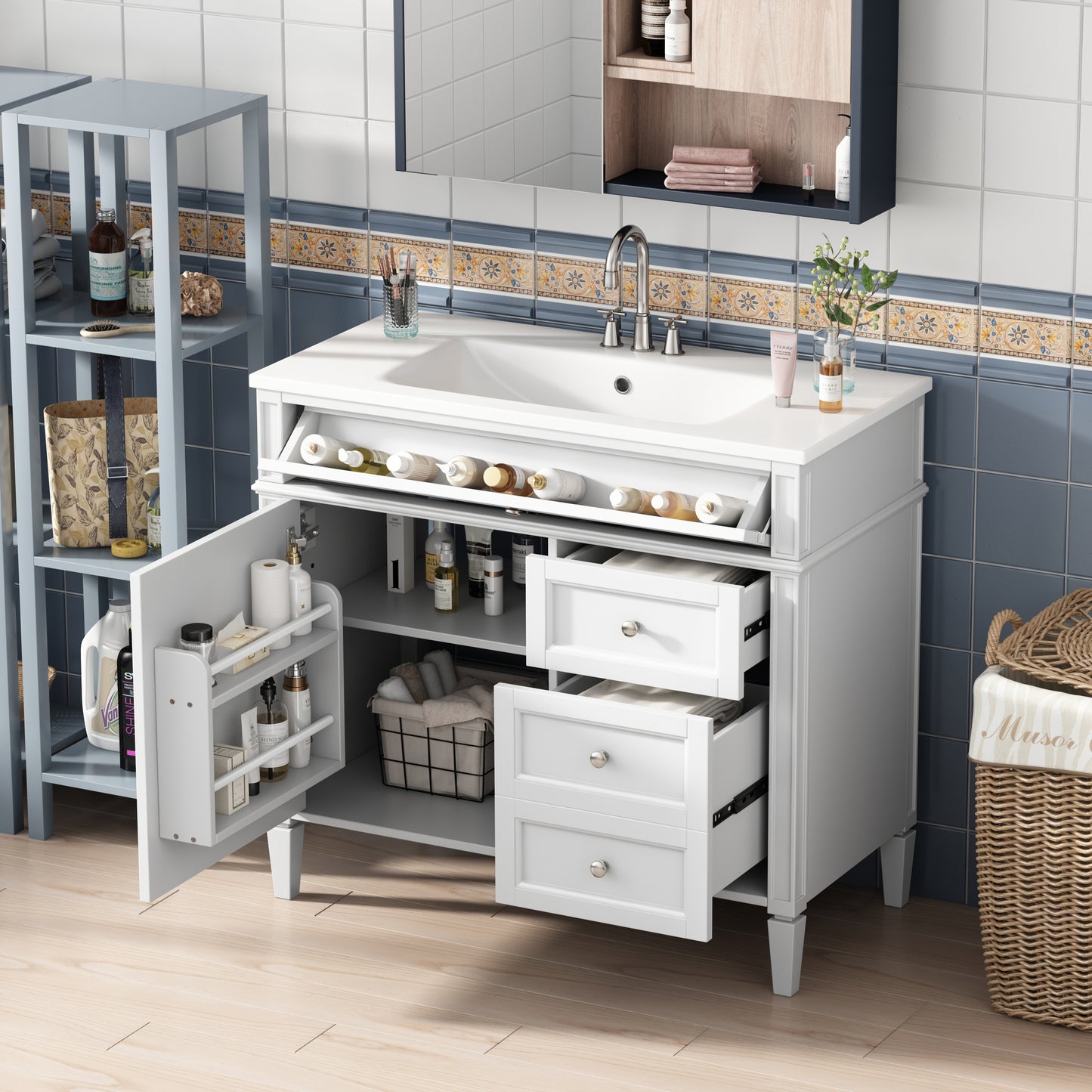 VanityFus 36-in White Bathroom Vanity Single Sink Combo with Resin Top Undermount 1 Soft Close Door 3 Drawers