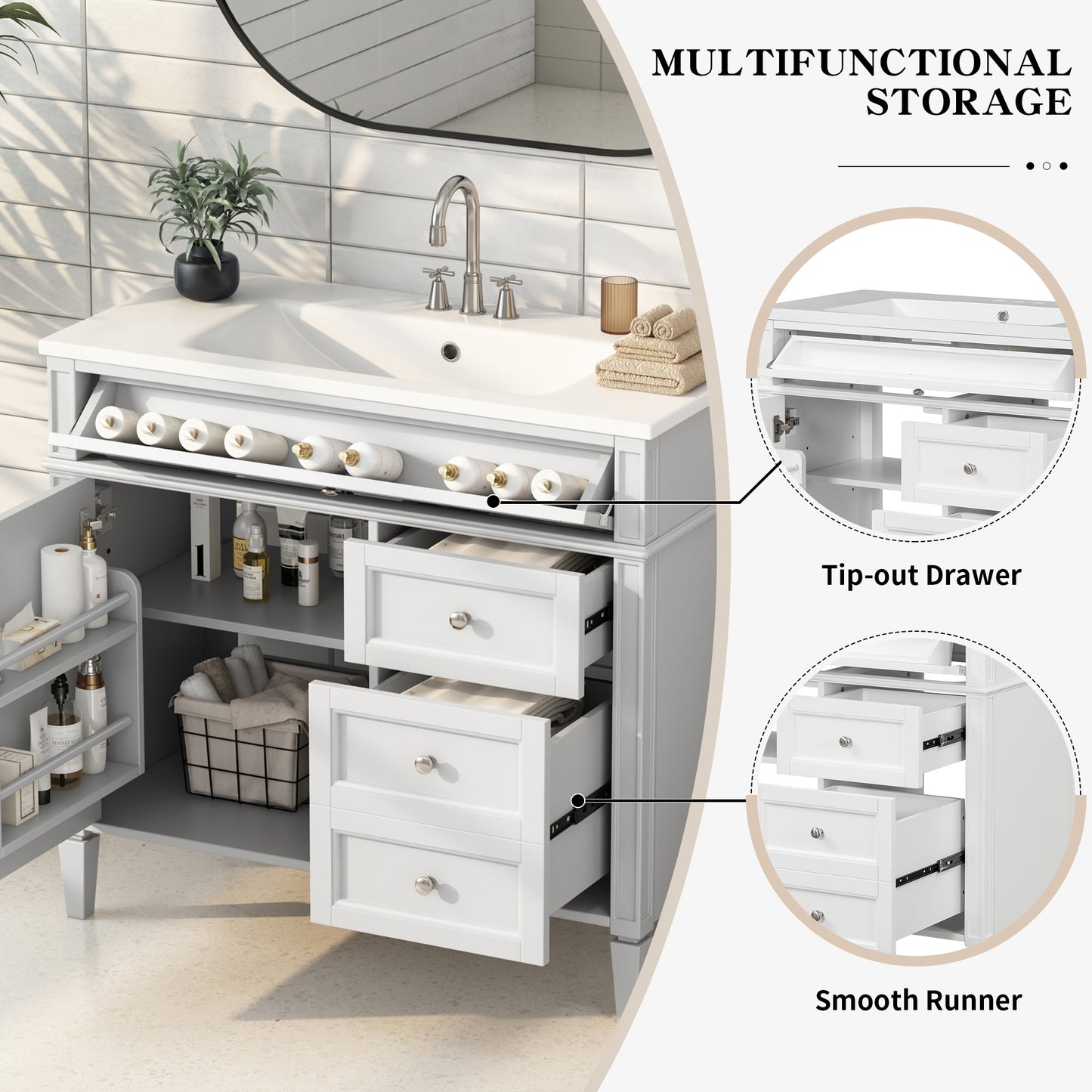 VanityFus 36-in White Bathroom Vanity Single Sink Combo with Resin Top Undermount 1 Soft Close Door 3 Drawers