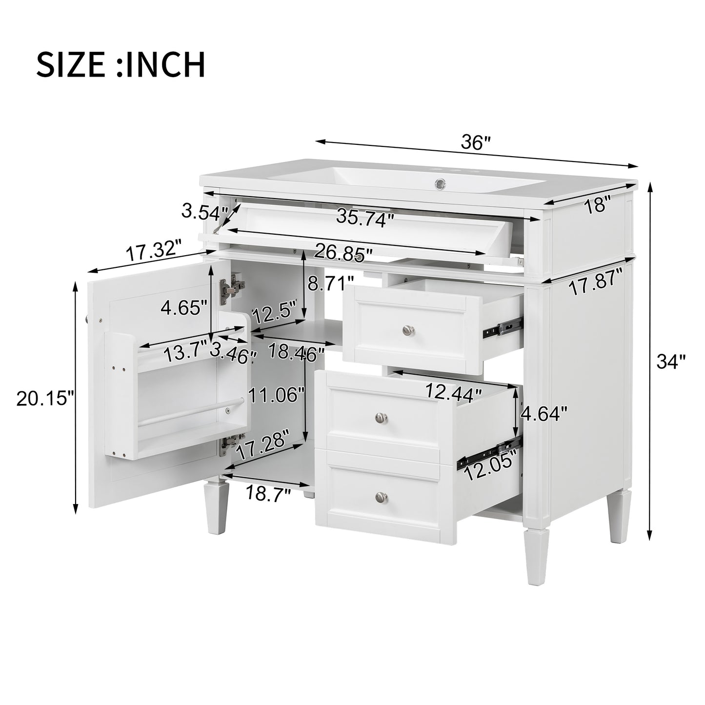 VanityFus 36-in White Bathroom Vanity Single Sink Combo with Resin Top Undermount 1 Soft Close Door 3 Drawers