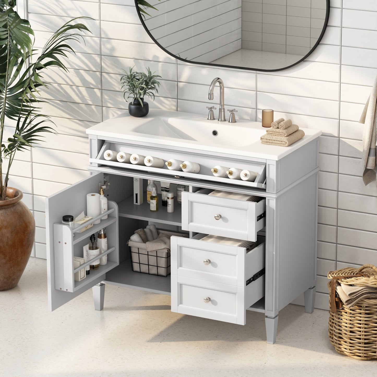 VanityFus 36-in White Bathroom Vanity Single Sink Combo with Resin Top Undermount 1 Soft Close Door 3 Drawers
