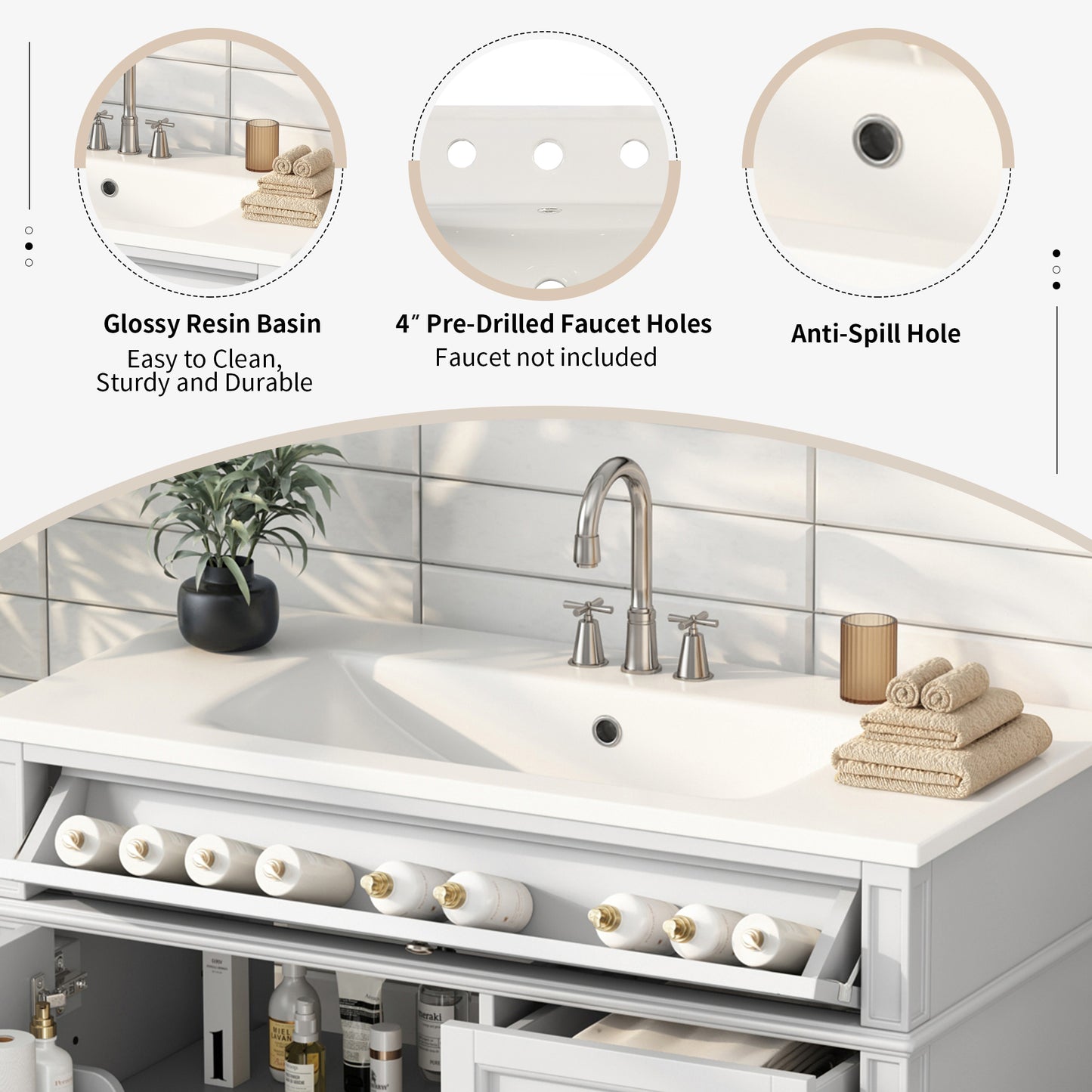 VanityFus 36-in White Bathroom Vanity Single Sink Combo with Resin Top Undermount 1 Soft Close Door 3 Drawers