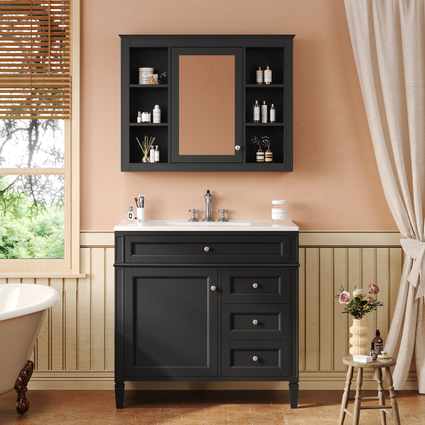 VanityFus 36-in Black Bathroom Vanity Undermount Single Sink Combo Resin Top with 2 Soft Close Doors 3 Drawers Adjustable Shelves