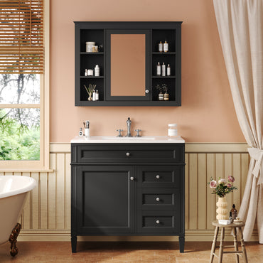 VanityFus 36-in Black Bathroom Vanity Undermount Single Sink Combo Resin Top with 2 Soft Close Doors 3 Drawers Adjustable Shelves