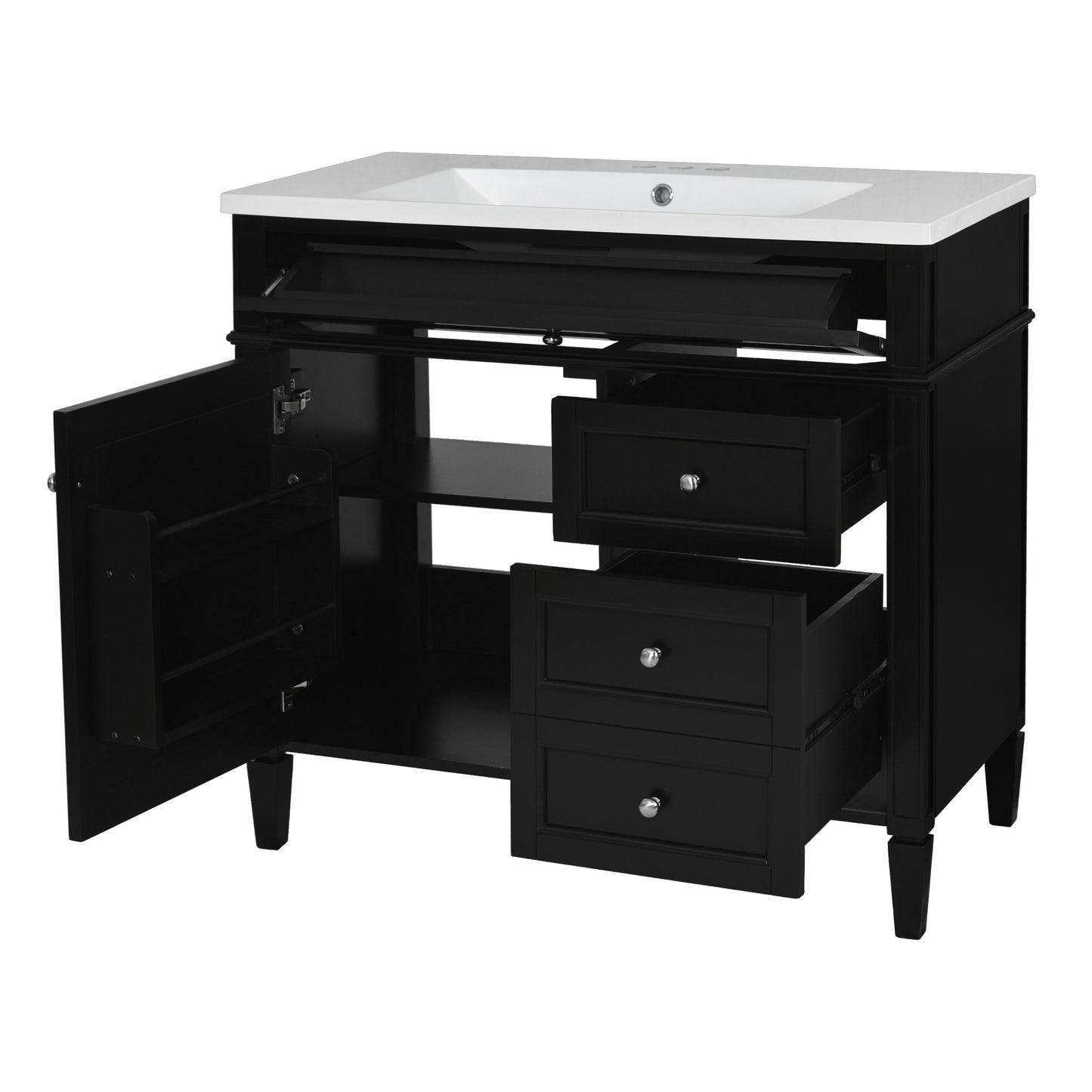 VanityFus 36-in Black Bathroom Vanity Undermount Single Sink Combo Resin Top with 2 Soft Close Doors 3 Drawers Adjustable Shelves