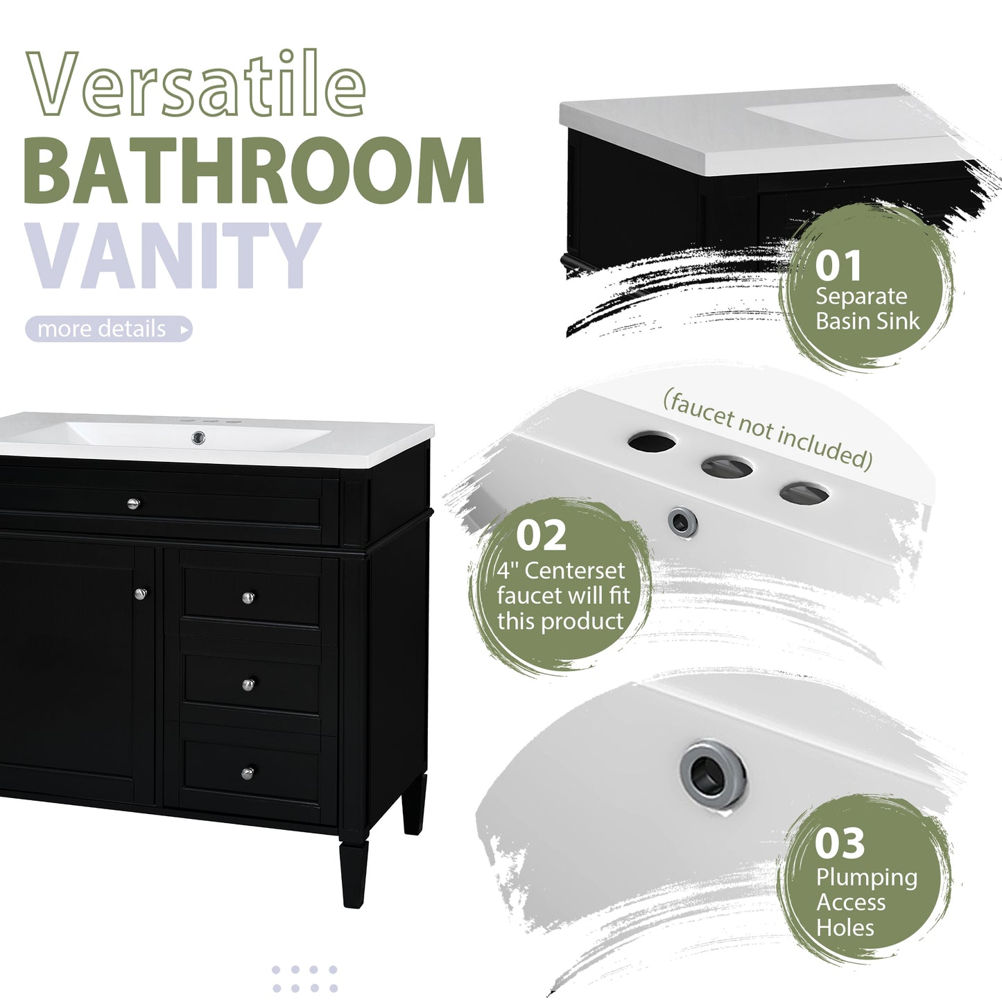 VanityFus 36-in Black Bathroom Vanity Undermount Single Sink Combo Resin Top with 2 Soft Close Doors 3 Drawers Adjustable Shelves