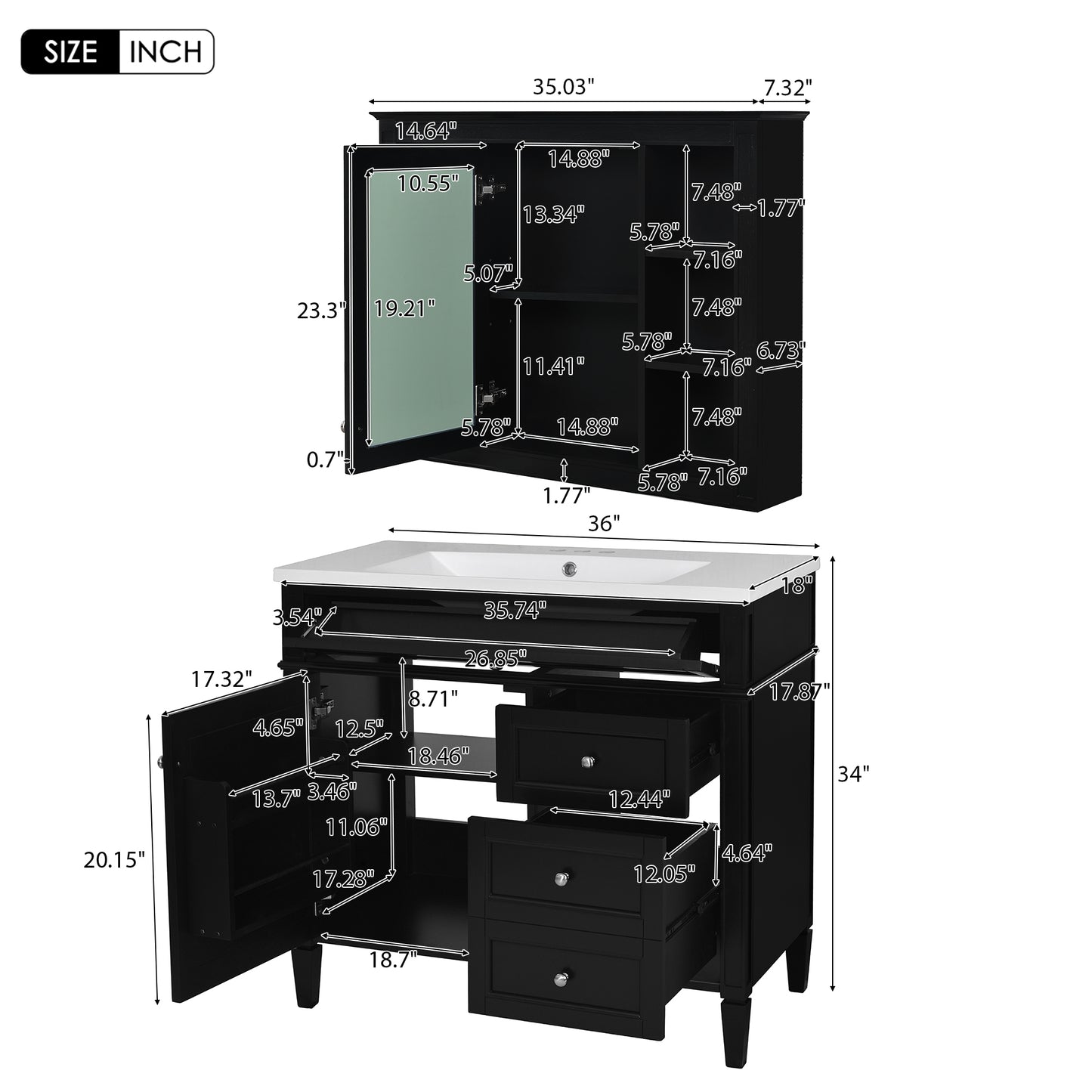 VanityFus 36-in Black Bathroom Vanity Undermount Single Sink Combo Resin Top with 2 Soft Close Doors 3 Drawers Adjustable Shelves
