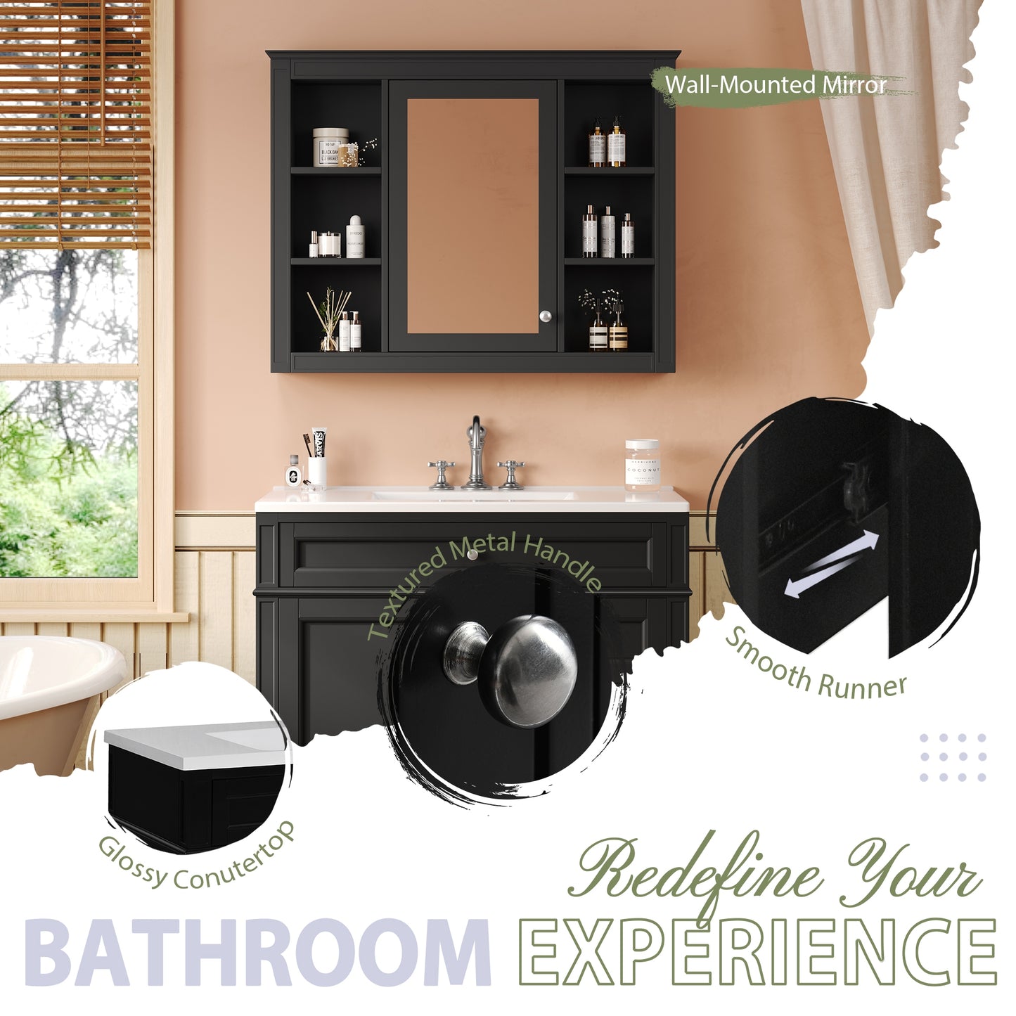 VanityFus 36-in Black Bathroom Vanity Undermount Single Sink Combo Resin Top with 2 Soft Close Doors 3 Drawers Adjustable Shelves
