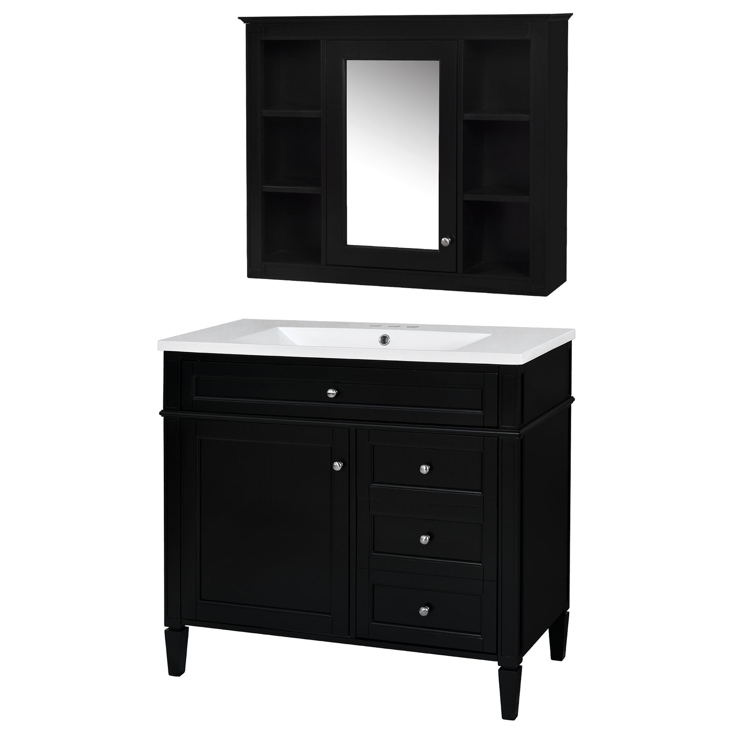 VanityFus 36-in Black Bathroom Vanity Undermount Single Sink Combo Resin Top with 2 Soft Close Doors 3 Drawers Adjustable Shelves