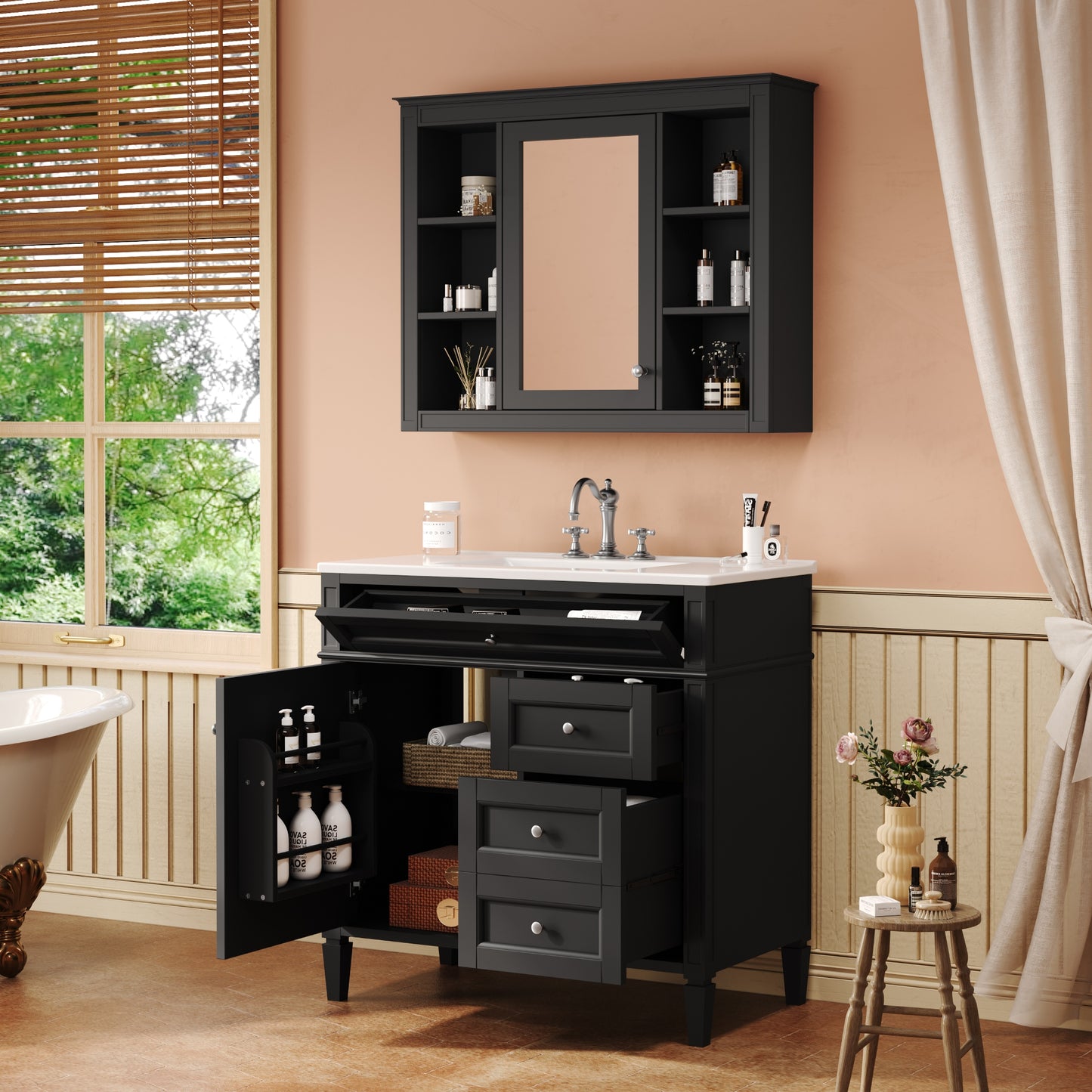 VanityFus 36-in Black Bathroom Vanity Undermount Single Sink Combo Resin Top with 2 Soft Close Doors 3 Drawers Adjustable Shelves