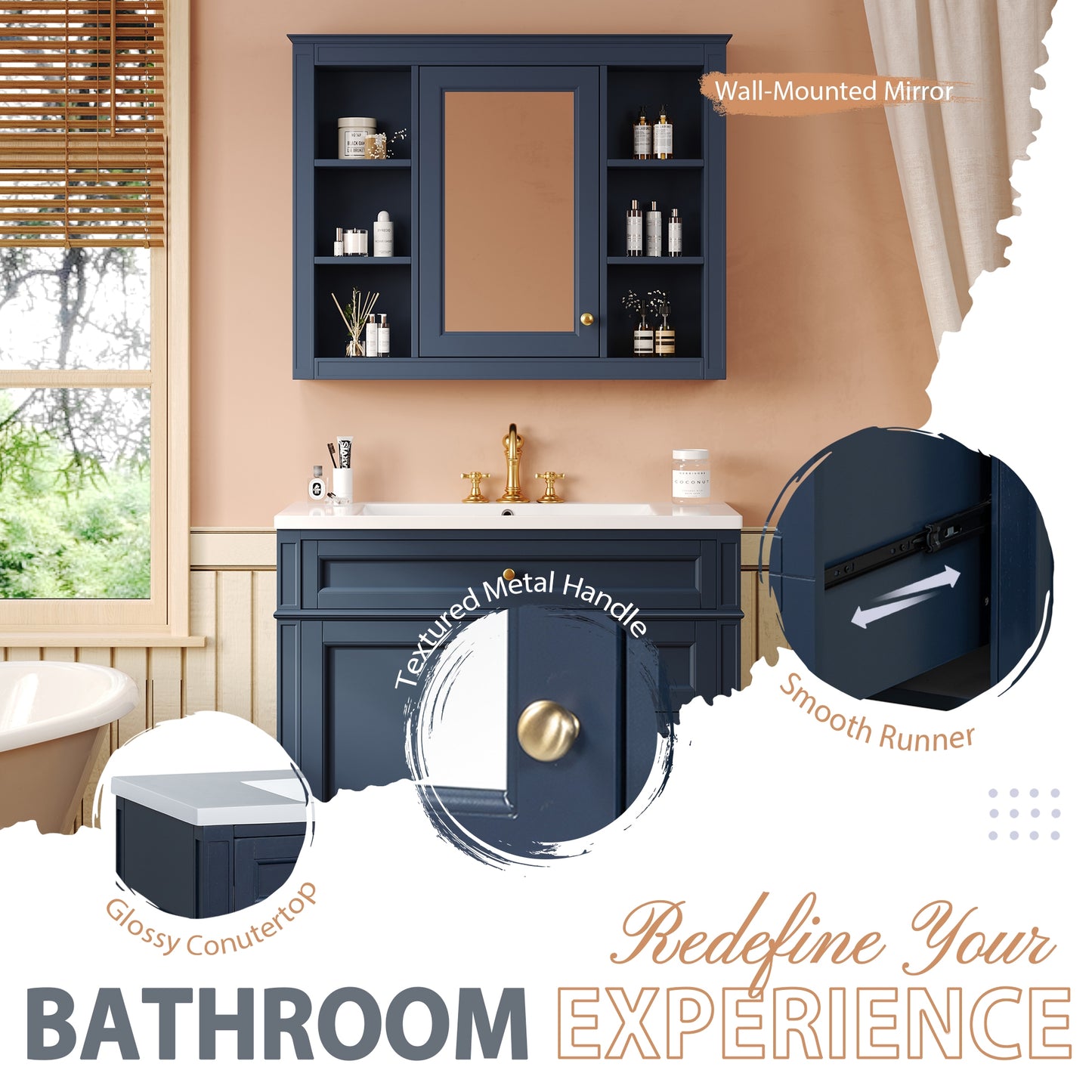 VanityFus 36-in Blue Bathroom Vanity Undermount Single Sink Combo Resin Top with 2 Soft Close Doors 3 Drawers Adjustable Shelves