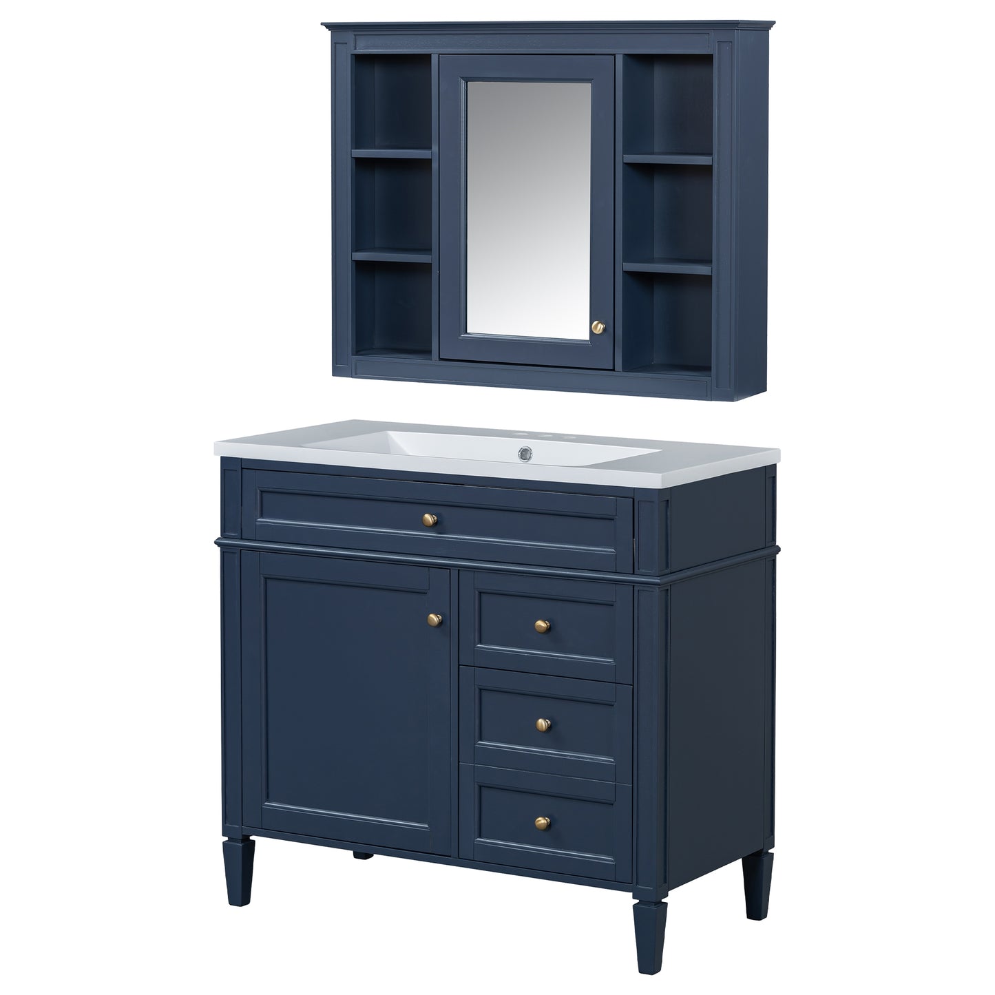 VanityFus 36-in Blue Bathroom Vanity Undermount Single Sink Combo Resin Top with 2 Soft Close Doors 3 Drawers Adjustable Shelves
