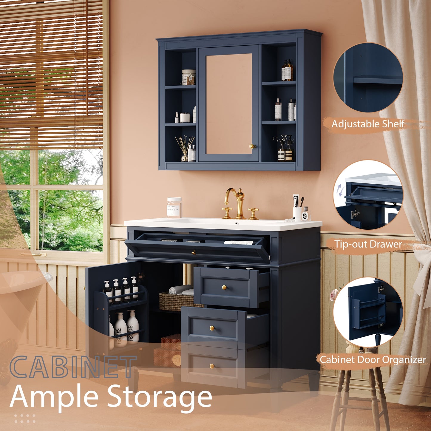 VanityFus 36-in Blue Bathroom Vanity Undermount Single Sink Combo Resin Top with 2 Soft Close Doors 3 Drawers Adjustable Shelves