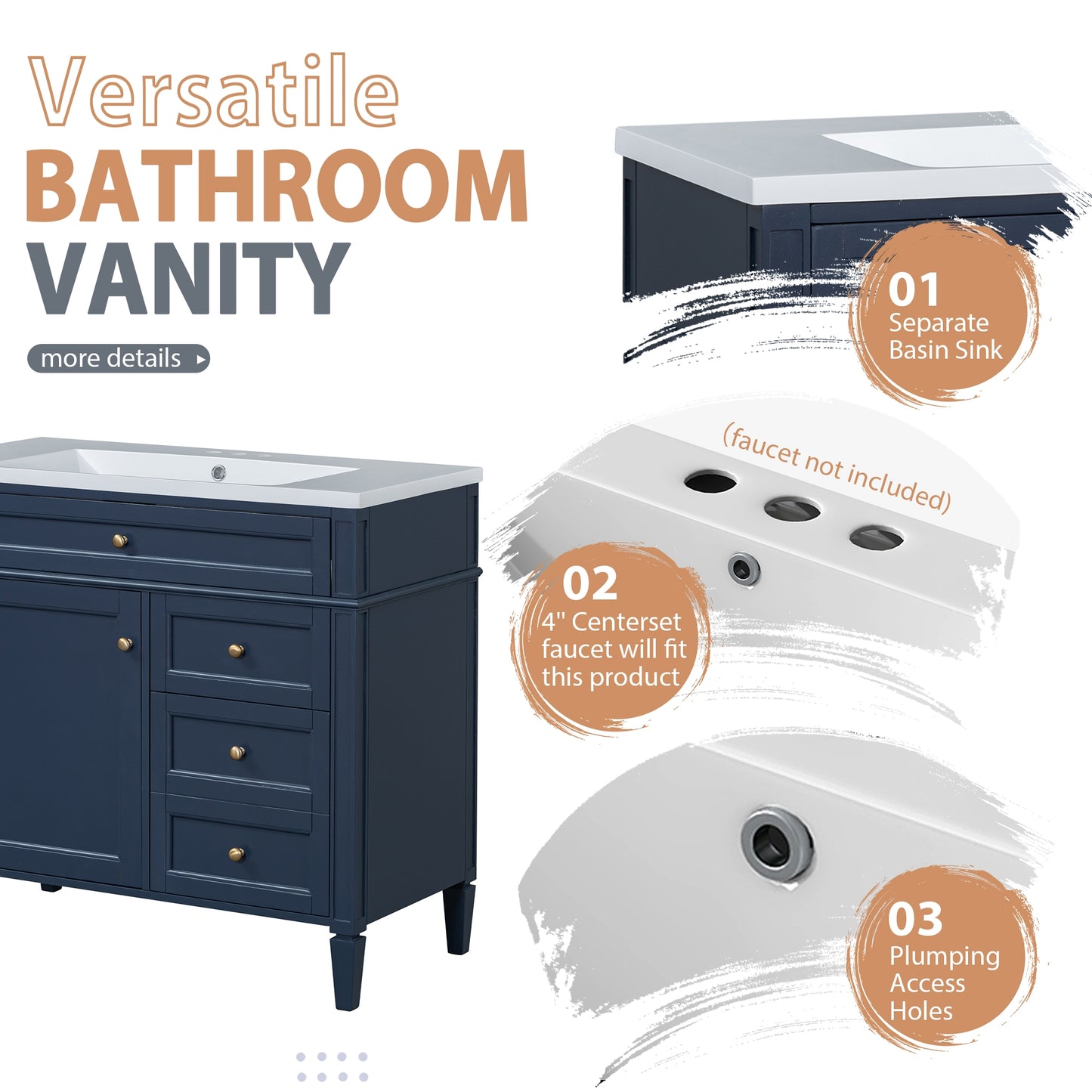 VanityFus 36-in Blue Bathroom Vanity Undermount Single Sink Combo Resin Top with 2 Soft Close Doors 3 Drawers Adjustable Shelves
