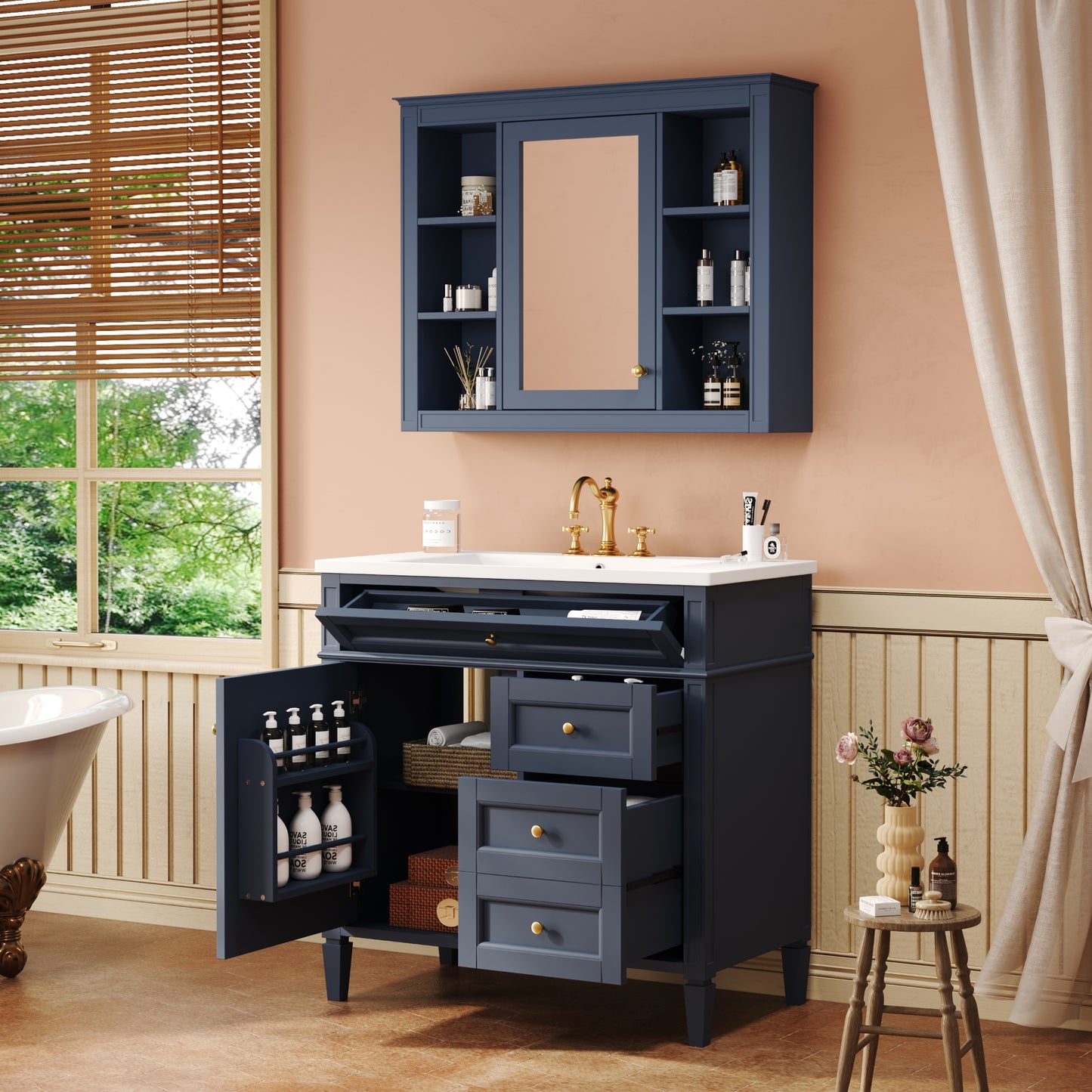 VanityFus 36-in Blue Bathroom Vanity Undermount Single Sink Combo Resin Top with 2 Soft Close Doors 3 Drawers Adjustable Shelves