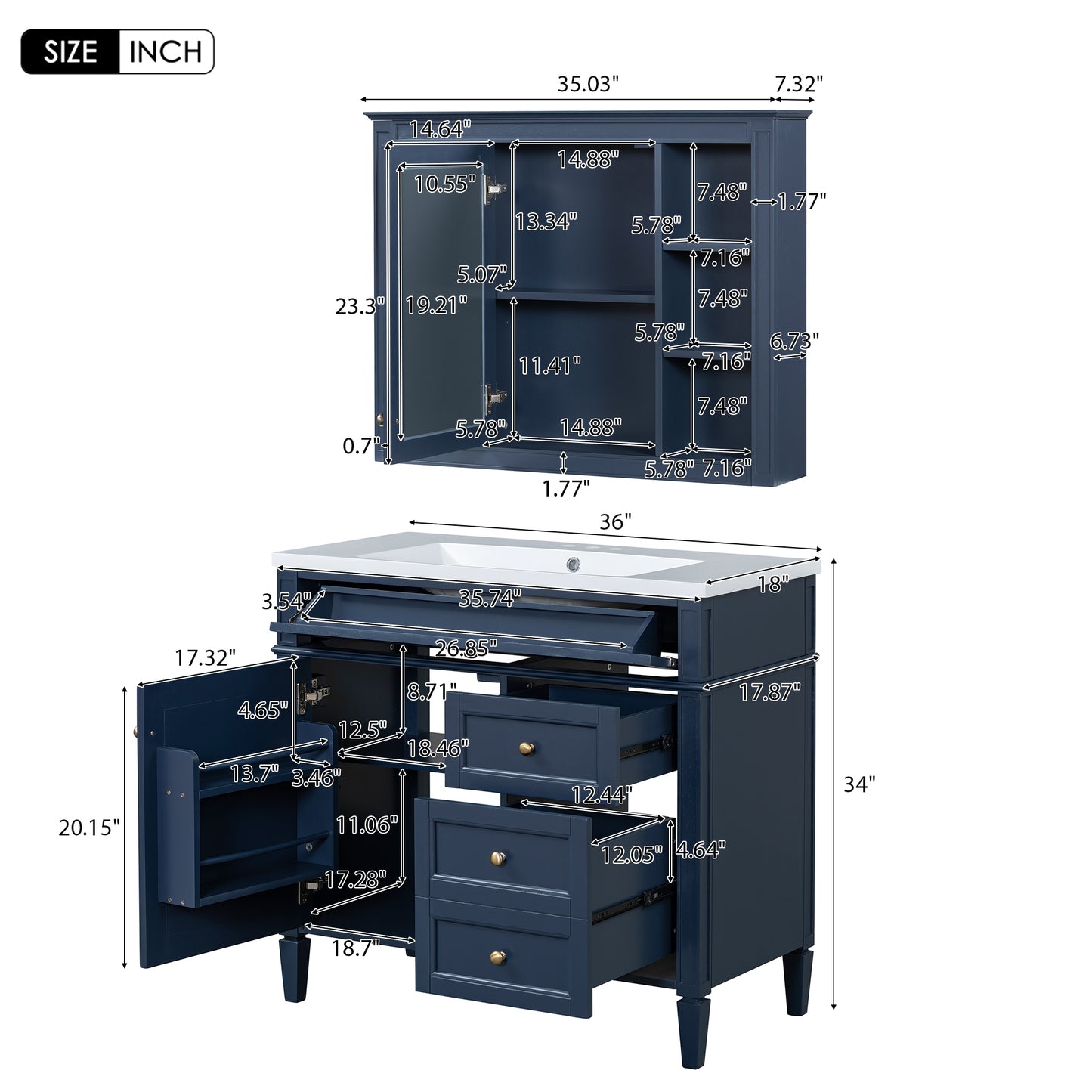 VanityFus 36-in Blue Bathroom Vanity Undermount Single Sink Combo Resin Top with 2 Soft Close Doors 3 Drawers Adjustable Shelves