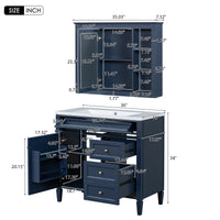 VanityFus 36-in Blue Bathroom Vanity Undermount Single Sink Combo Resin Top with 2 Soft Close Doors 3 Drawers Adjustable Shelves