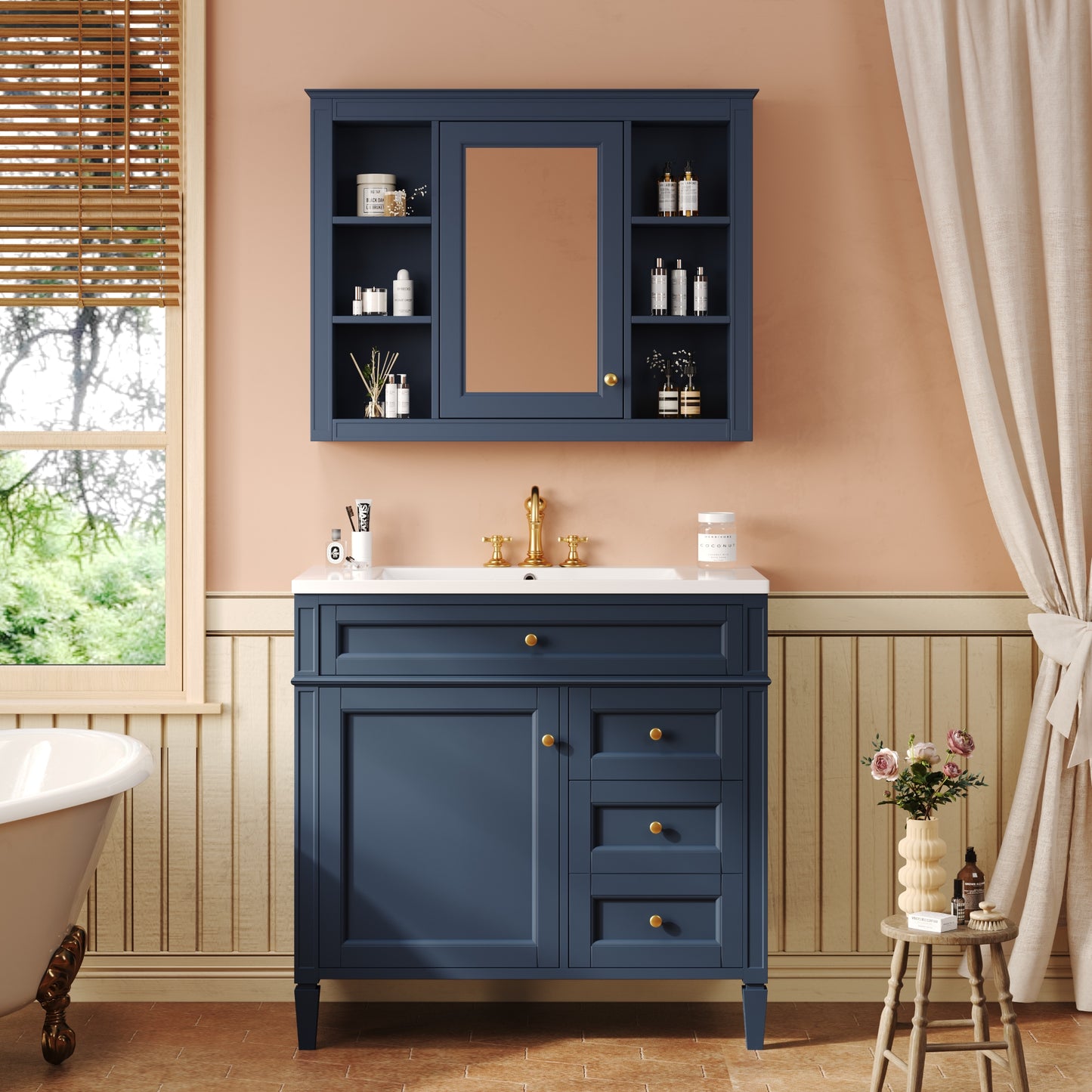 VanityFus 36-in Blue Bathroom Vanity Undermount Single Sink Combo Resin Top with 2 Soft Close Doors 3 Drawers Adjustable Shelves