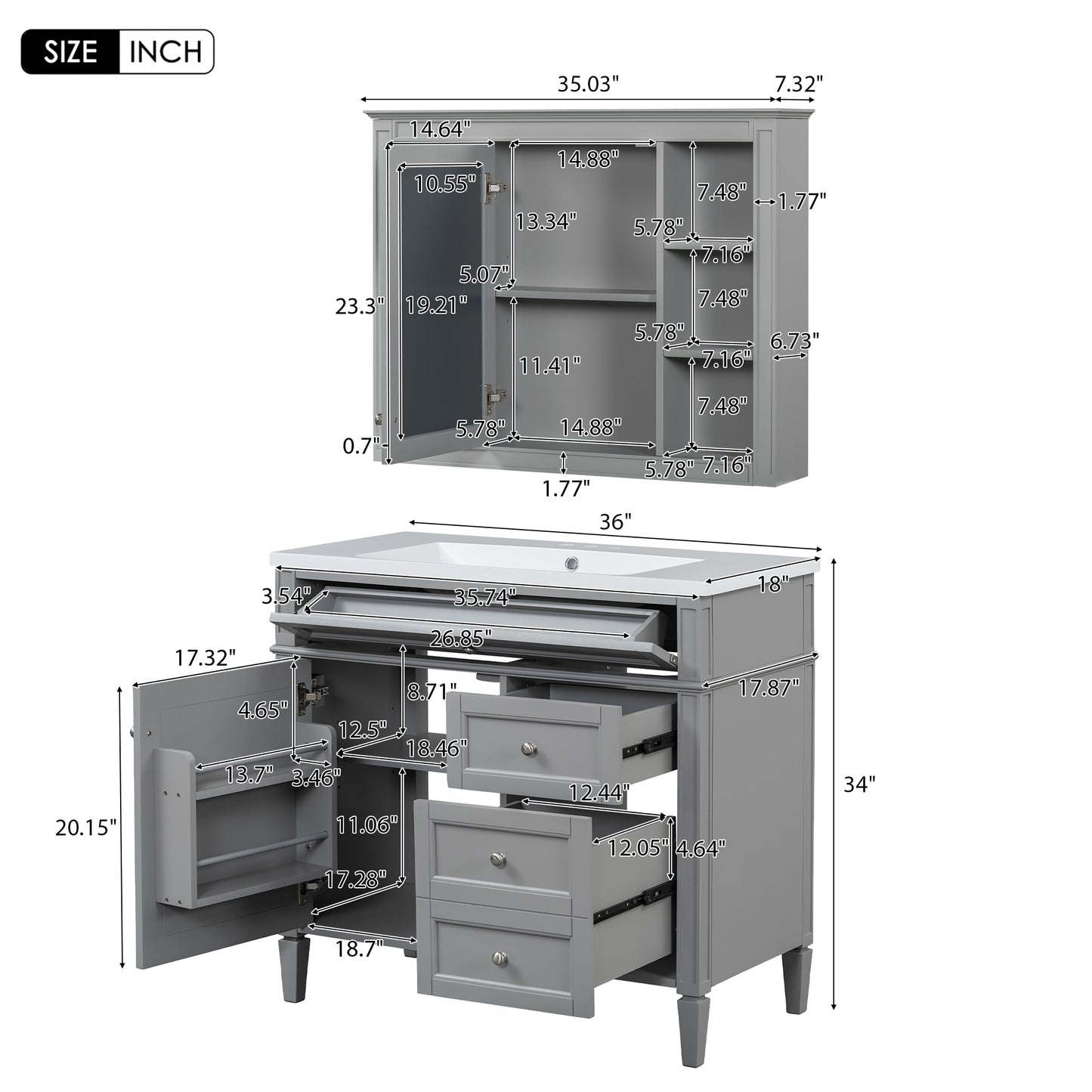 VanityFus 36-in Grey Bathroom Vanity Undermount Single Sink Combo Resin Top with 2 Soft Close Doors 3 Drawers Adjustable Shelves