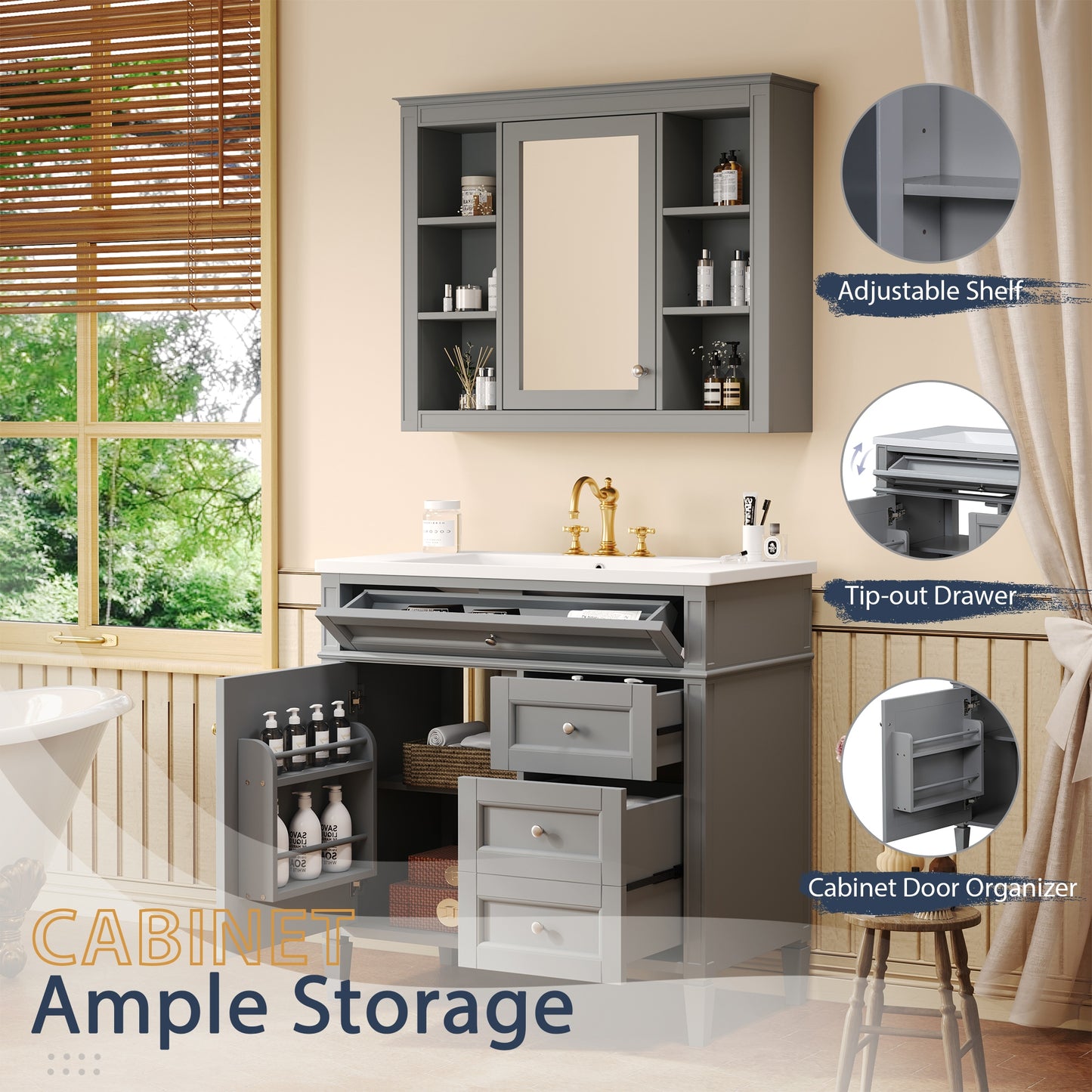 VanityFus 36-in Grey Bathroom Vanity Undermount Single Sink Combo Resin Top with 2 Soft Close Doors 3 Drawers Adjustable Shelves