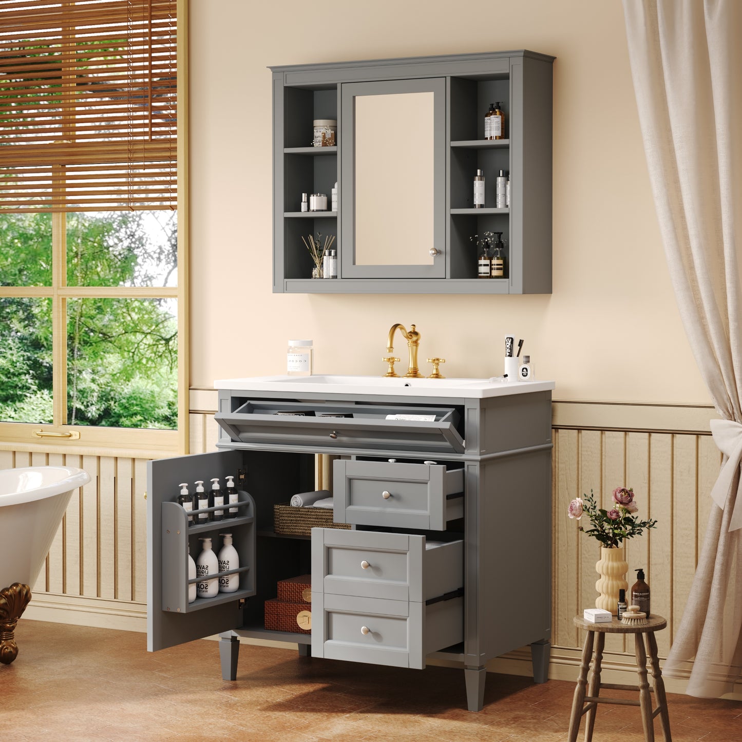 VanityFus 36-in Grey Bathroom Vanity Undermount Single Sink Combo Resin Top with 2 Soft Close Doors 3 Drawers Adjustable Shelves