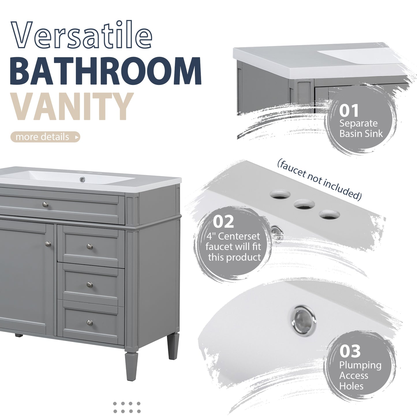 VanityFus 36-in Grey Bathroom Vanity Undermount Single Sink Combo Resin Top with 2 Soft Close Doors 3 Drawers Adjustable Shelves