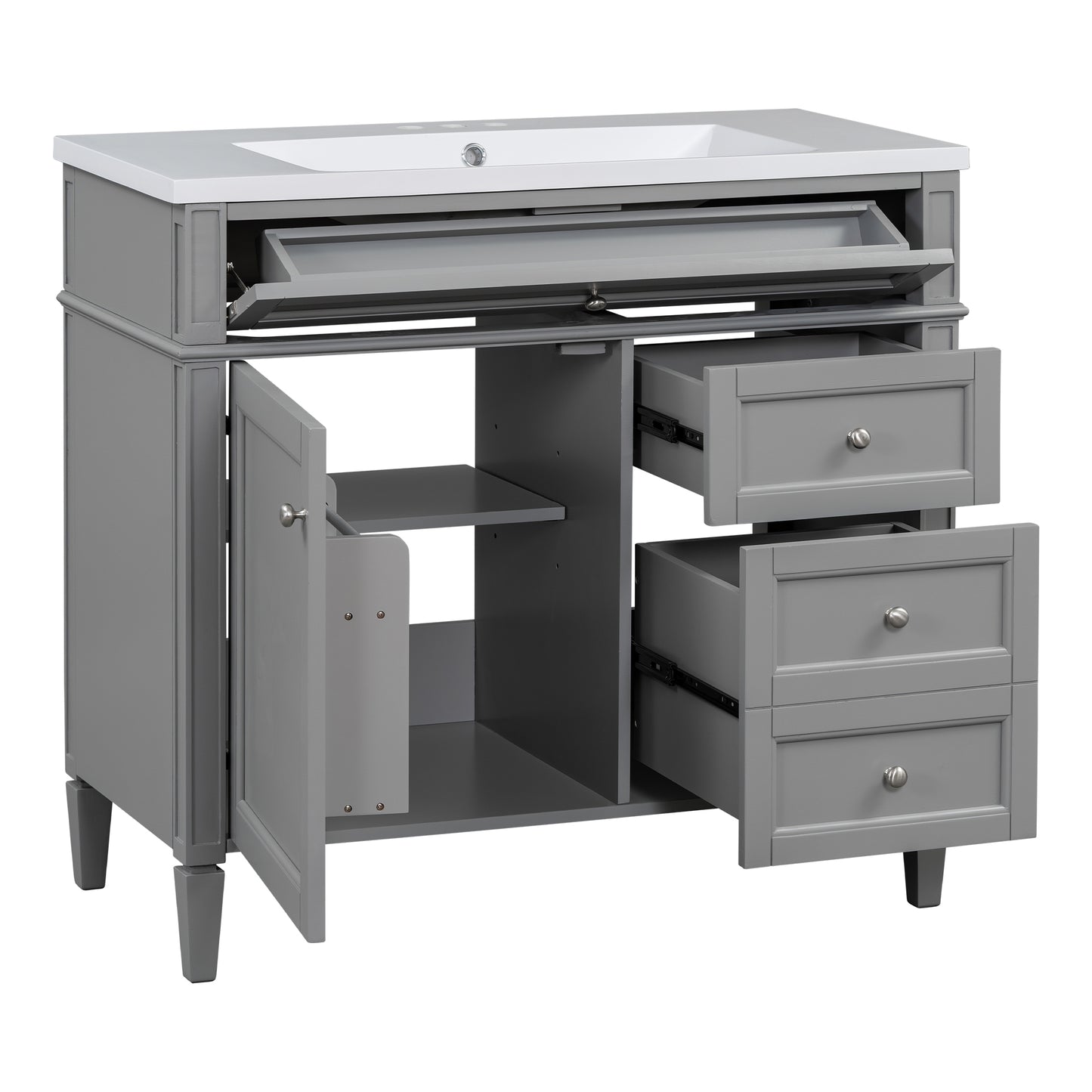 VanityFus 36-in Grey Bathroom Vanity Undermount Single Sink Combo Resin Top with 2 Soft Close Doors 3 Drawers Adjustable Shelves