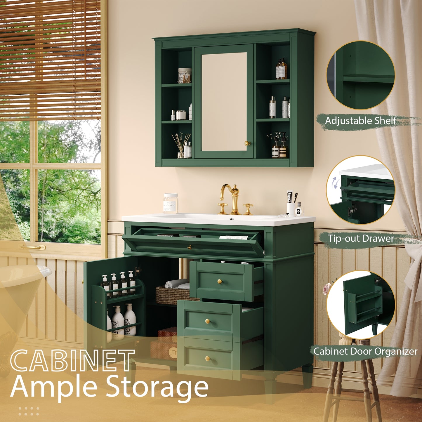 VanityFus 36-in Green Bathroom Vanity Undermount Single Sink Combo Resin Top with 2 Soft Close Doors 3 Drawers Adjustable Shelves
