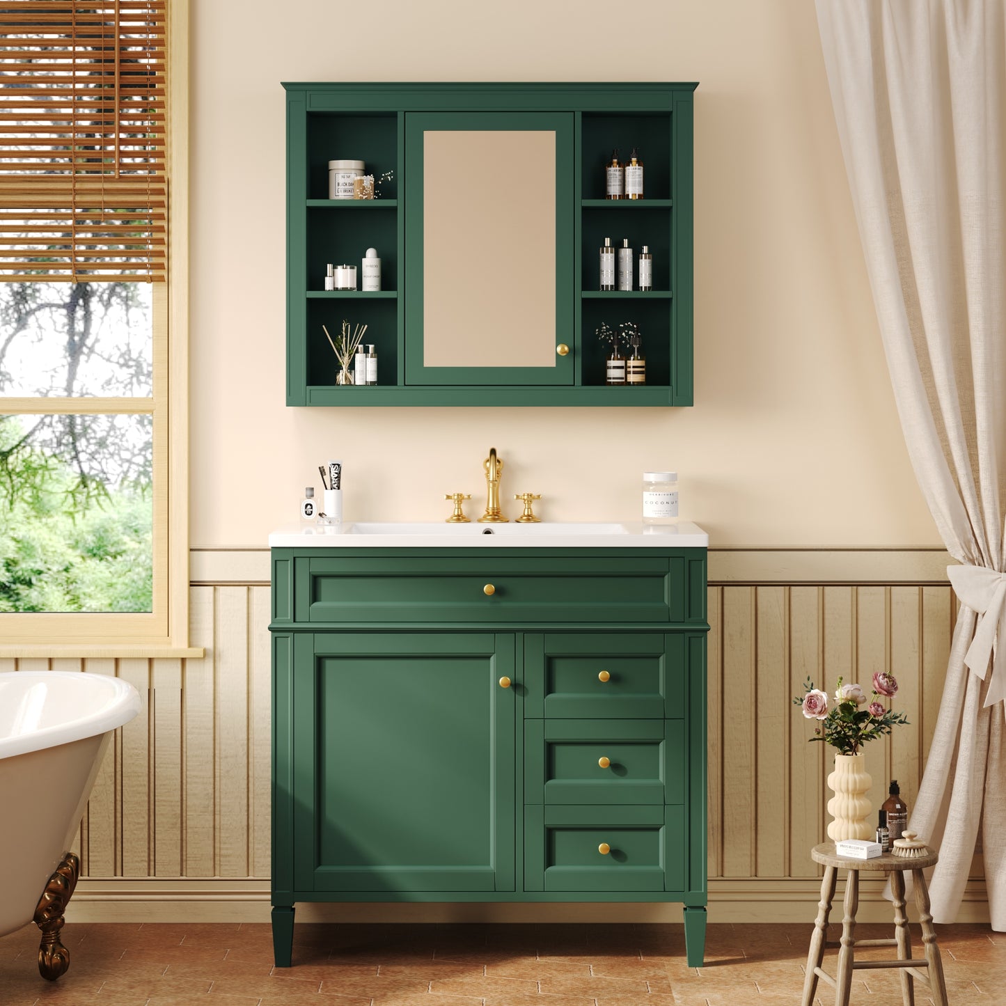 VanityFus 36-in Green Bathroom Vanity Undermount Single Sink Combo Resin Top with 2 Soft Close Doors 3 Drawers Adjustable Shelves