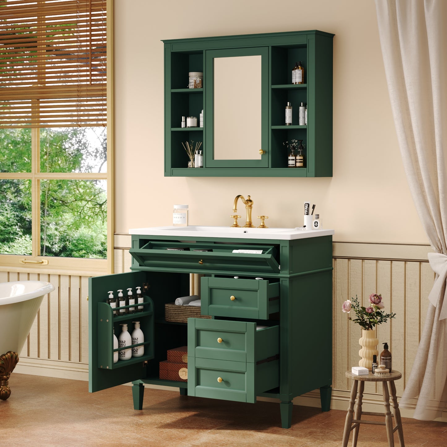VanityFus 36-in Green Bathroom Vanity Undermount Single Sink Combo Resin Top with 2 Soft Close Doors 3 Drawers Adjustable Shelves