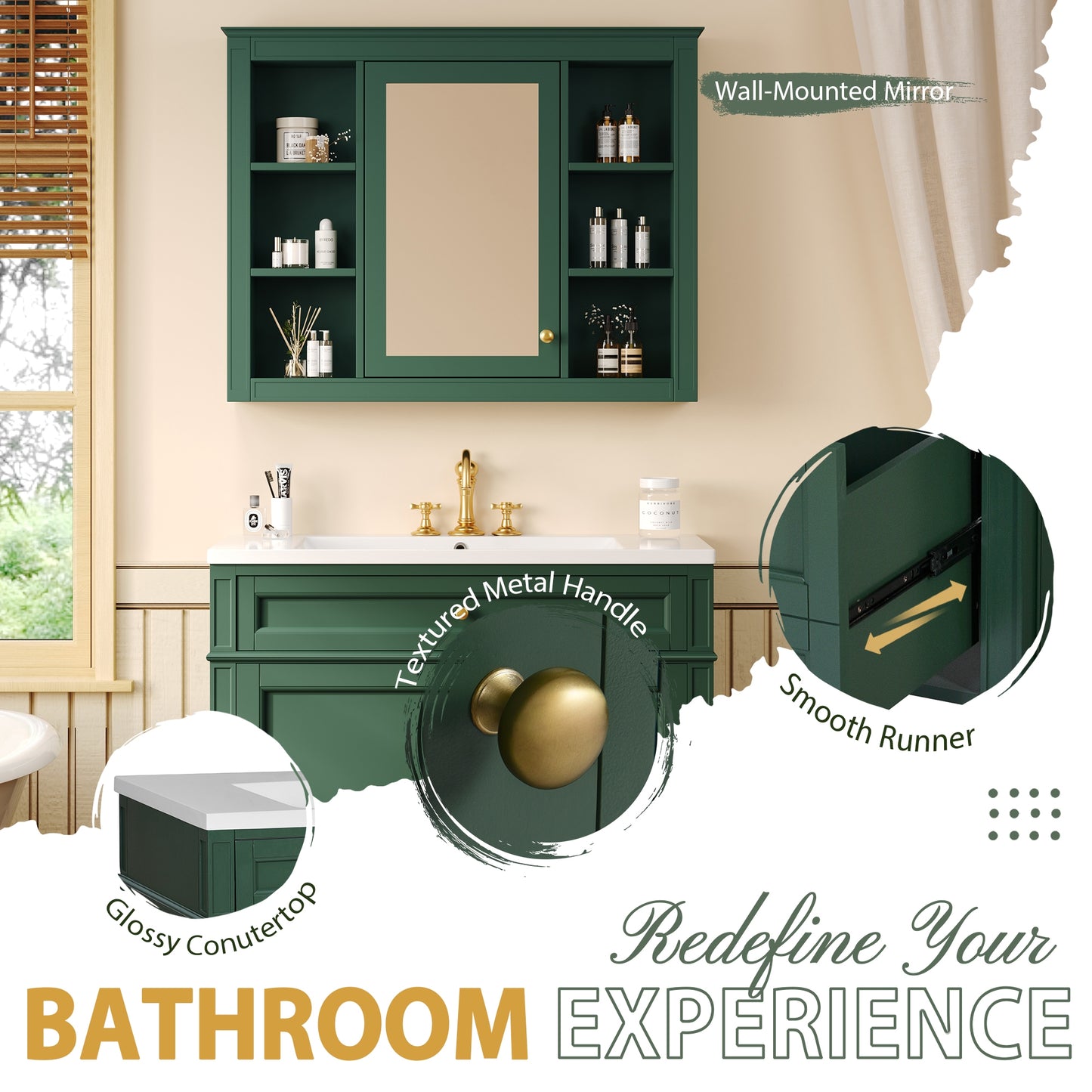 VanityFus 36-in Green Bathroom Vanity Undermount Single Sink Combo Resin Top with 2 Soft Close Doors 3 Drawers Adjustable Shelves
