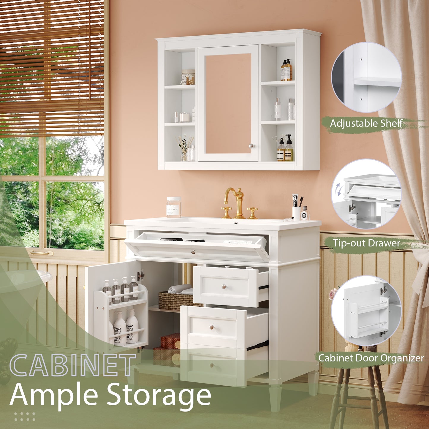 VanityFus 36-in White Bathroom Vanity Undermount Single Sink Combo Resin Top with 2 Soft Close Doors 3 Drawers Adjustable Shelves