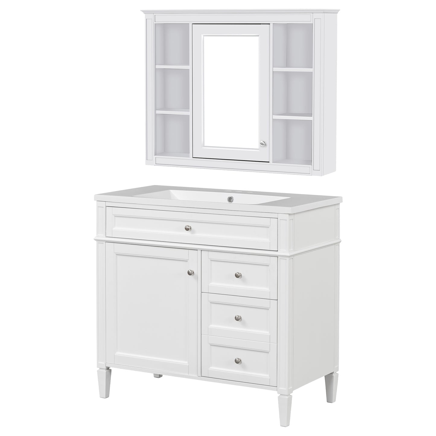 VanityFus 36-in White Bathroom Vanity Undermount Single Sink Combo Resin Top with 2 Soft Close Doors 3 Drawers Adjustable Shelves
