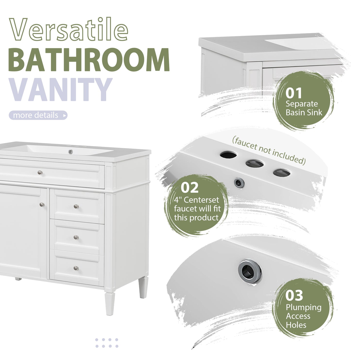 VanityFus 36-in White Bathroom Vanity Undermount Single Sink Combo Resin Top with 2 Soft Close Doors 3 Drawers Adjustable Shelves
