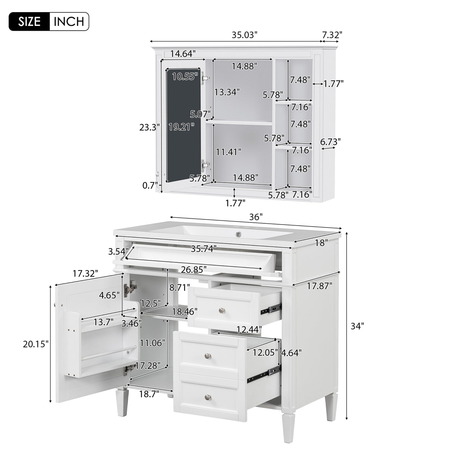 VanityFus 36-in White Bathroom Vanity Undermount Single Sink Combo Resin Top with 2 Soft Close Doors 3 Drawers Adjustable Shelves
