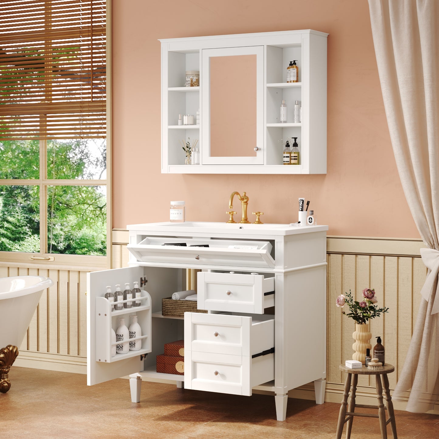 VanityFus 36-in White Bathroom Vanity Undermount Single Sink Combo Resin Top with 2 Soft Close Doors 3 Drawers Adjustable Shelves