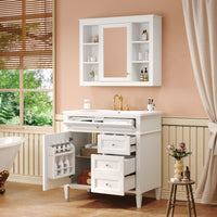 VanityFus 36-in White Bathroom Vanity Undermount Single Sink Combo Resin Top with 2 Soft Close Doors 3 Drawers Adjustable Shelves