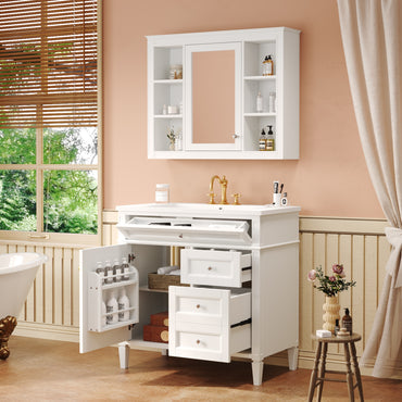 VanityFus 36-in White Bathroom Vanity Undermount Single Sink Combo Resin Top with 2 Soft Close Doors 3 Drawers Adjustable Shelves