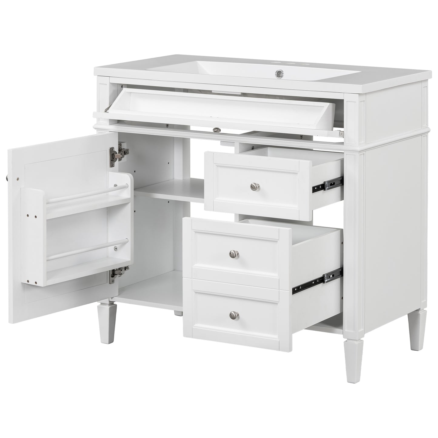 VanityFus 36-in White Bathroom Vanity Undermount Single Sink Combo Resin Top with 2 Soft Close Doors 3 Drawers Adjustable Shelves