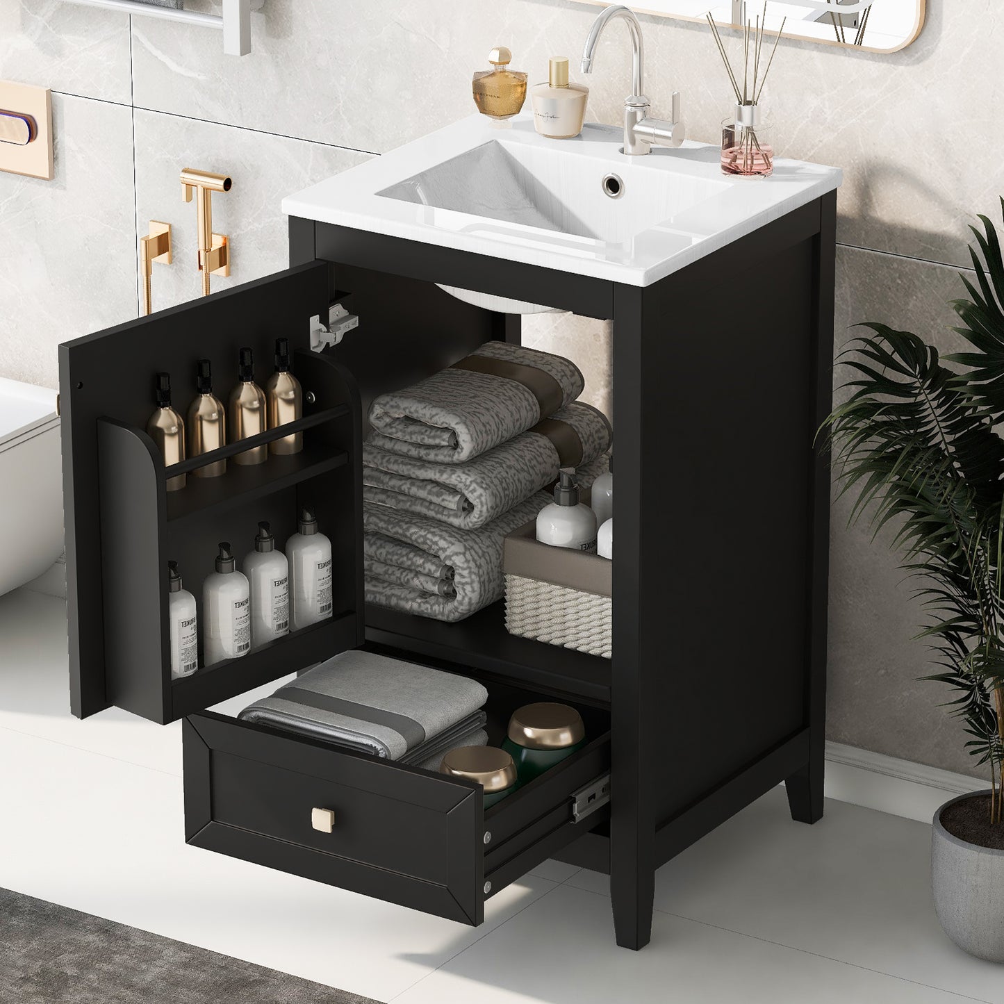 VanityFus 20-in Black Bathroom Vanity Single Sink Combo Ceramic Top 1 door 1 drawer Undermount