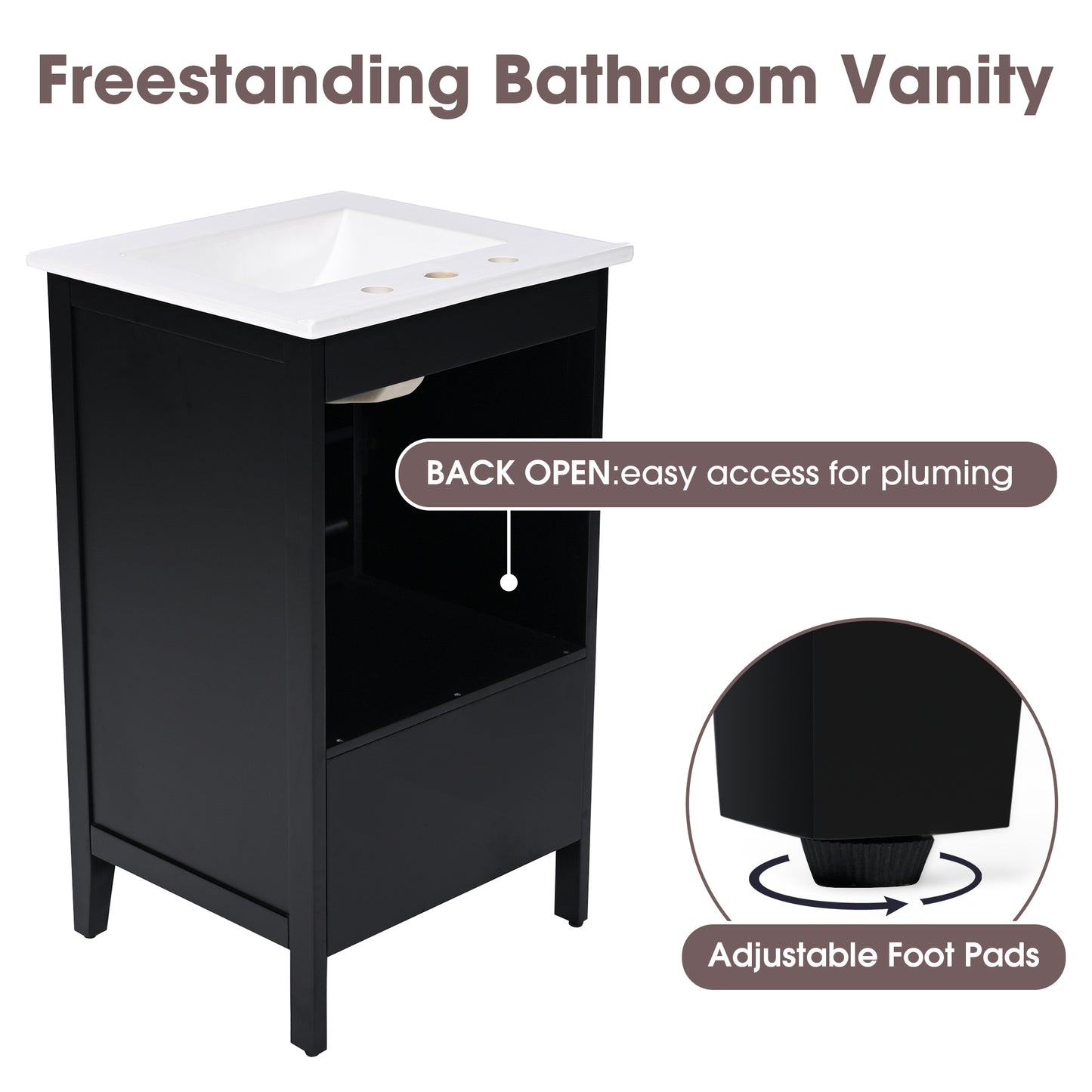 VanityFus 20-in Black Bathroom Vanity Single Sink Combo Ceramic Top 1 Soft Close Door 1 drawer Undermount