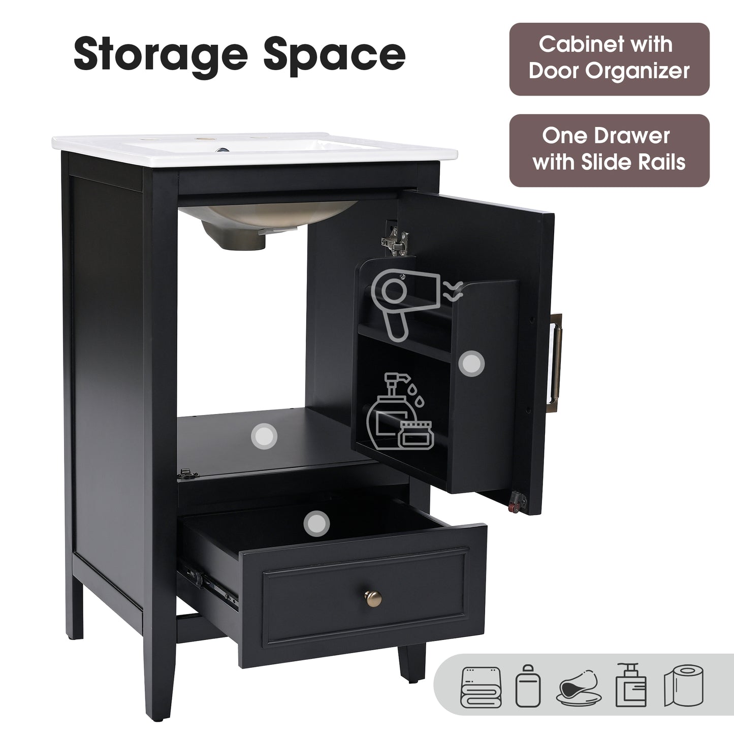 VanityFus 20-in Black Bathroom Vanity Single Sink Combo Ceramic Top 1 Soft Close Door 1 drawer Undermount