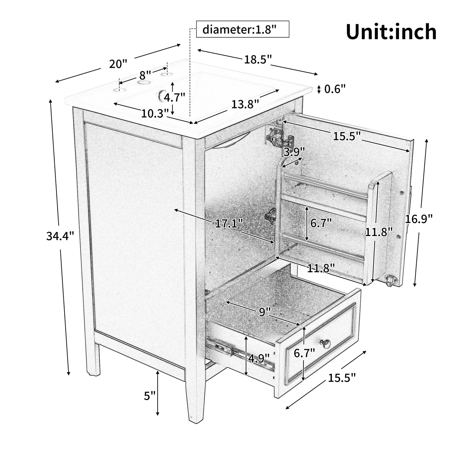 VanityFus 20-in White Bathroom Vanity Single Sink Combo Ceramic Top 1 Soft Close Door 1 drawer Undermount